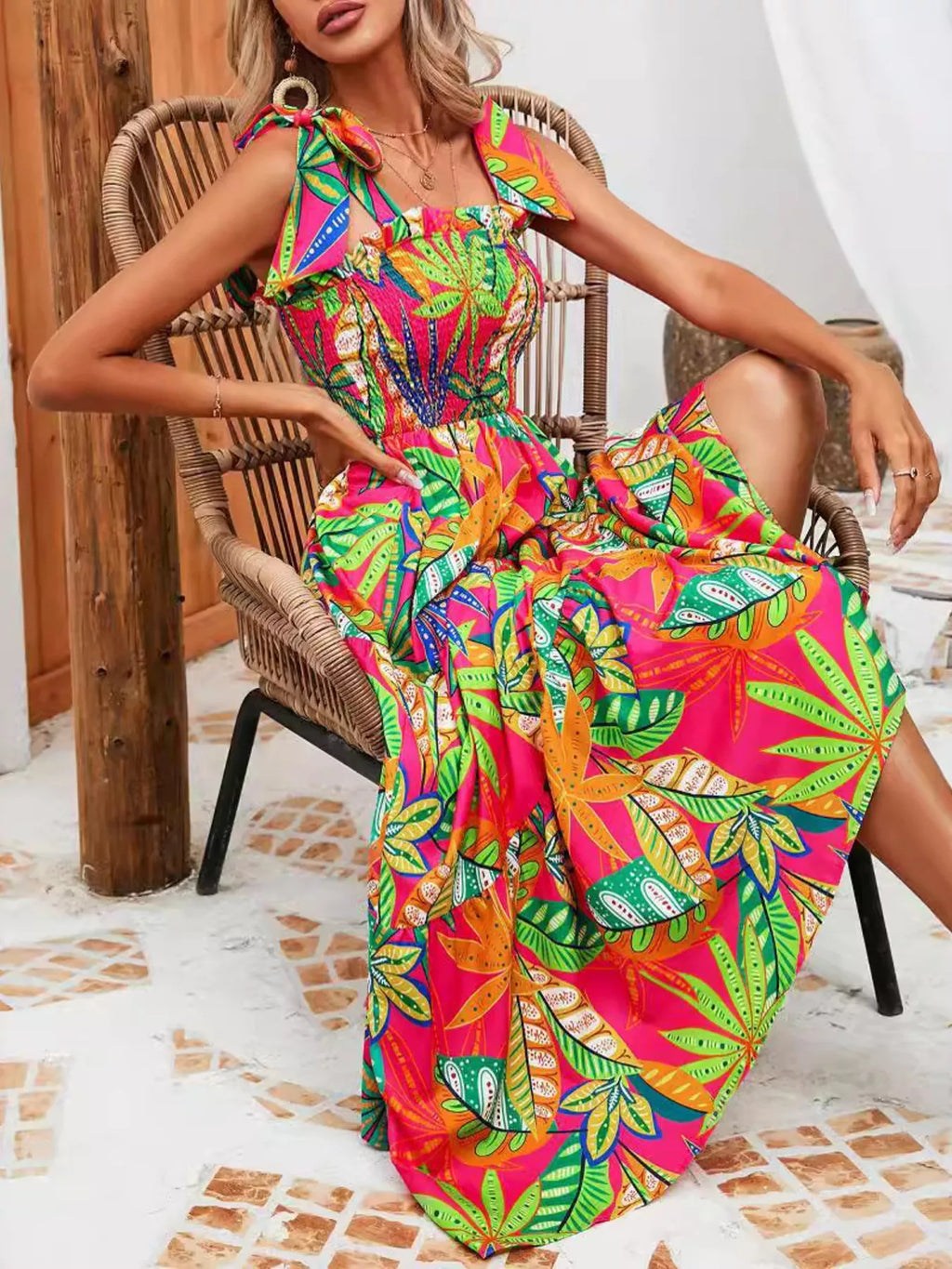 Tropical Print Smocked Tie-Strap Dress