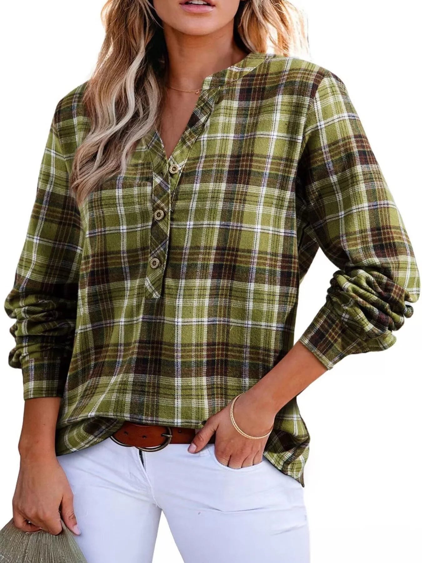 Plaid Half Button Long Sleeve Blouse
