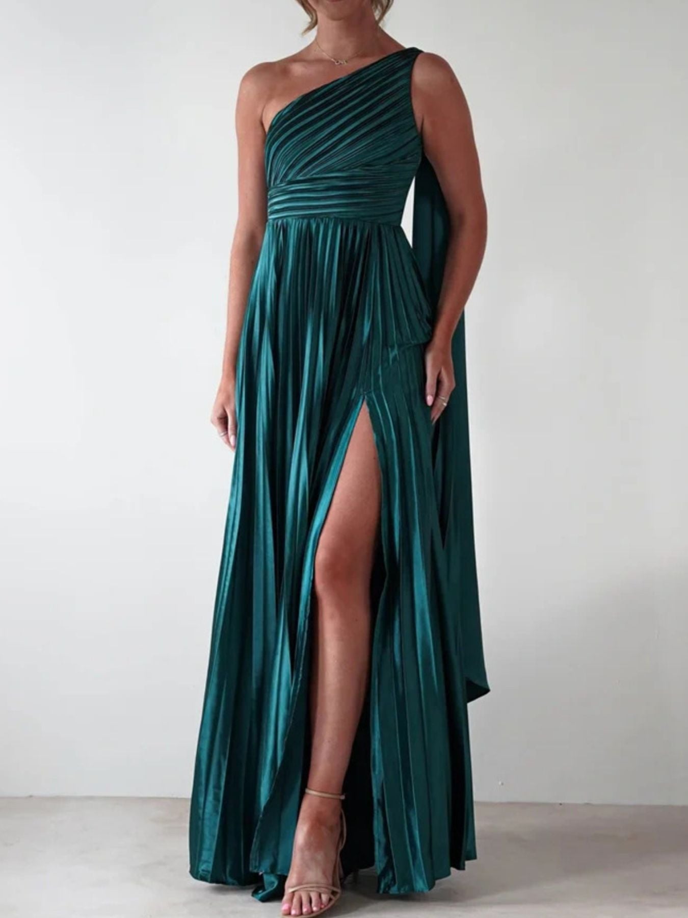 One-Shoulder Pleated Slit Maxi Dress