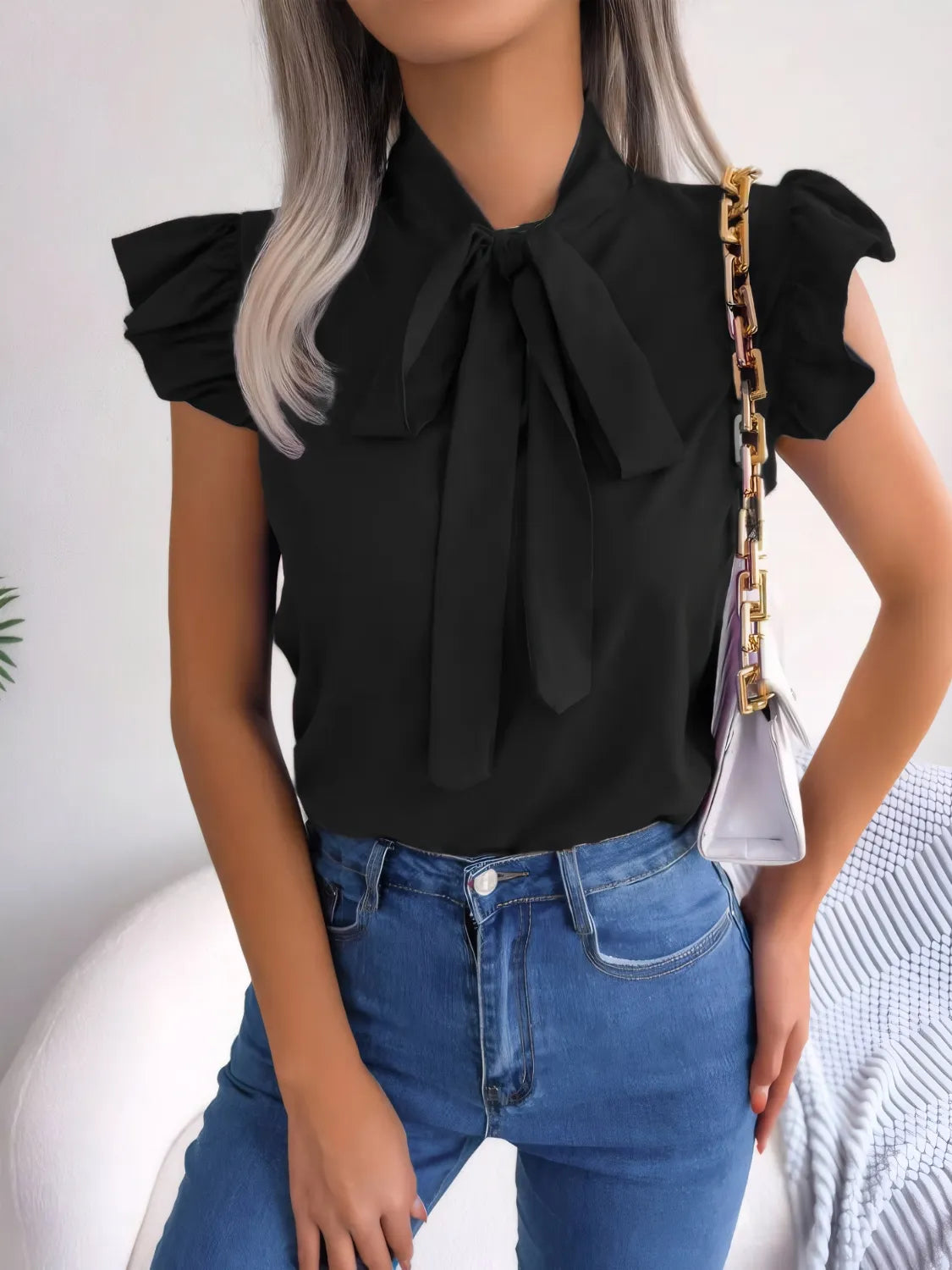 Ruffled Tie Neck Cap Sleeve Blouse