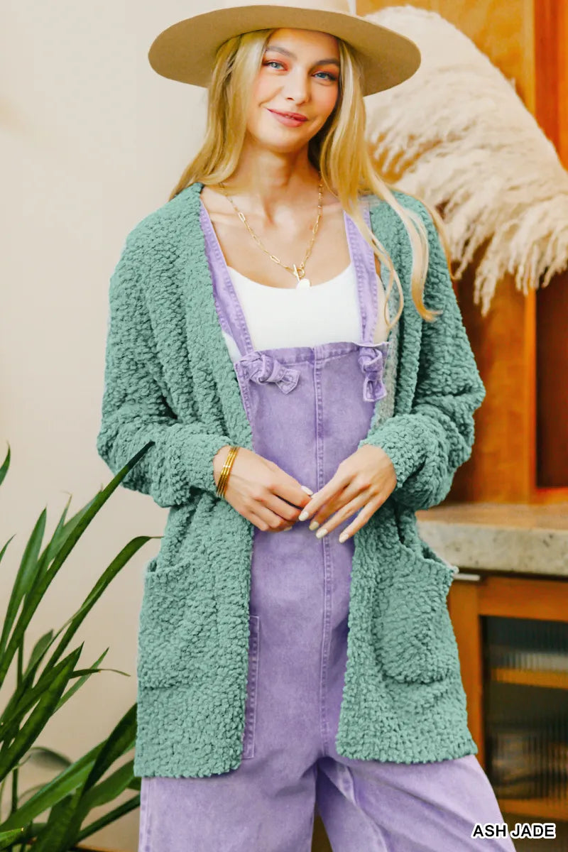 Zenana Long Sleeve Popcorn Sweater Cardigan with Pockets