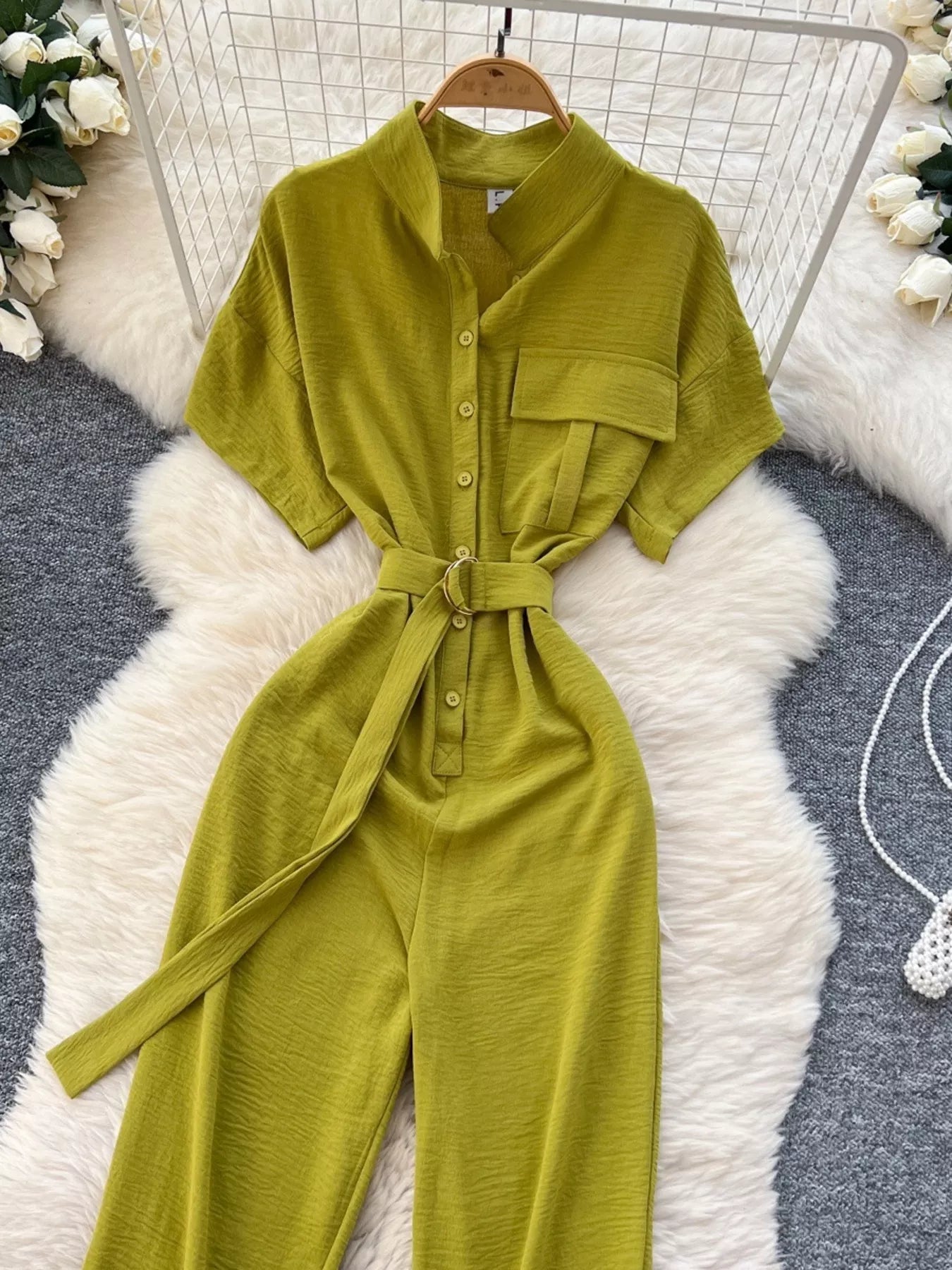 Button Front Wide Leg Jumpsuit