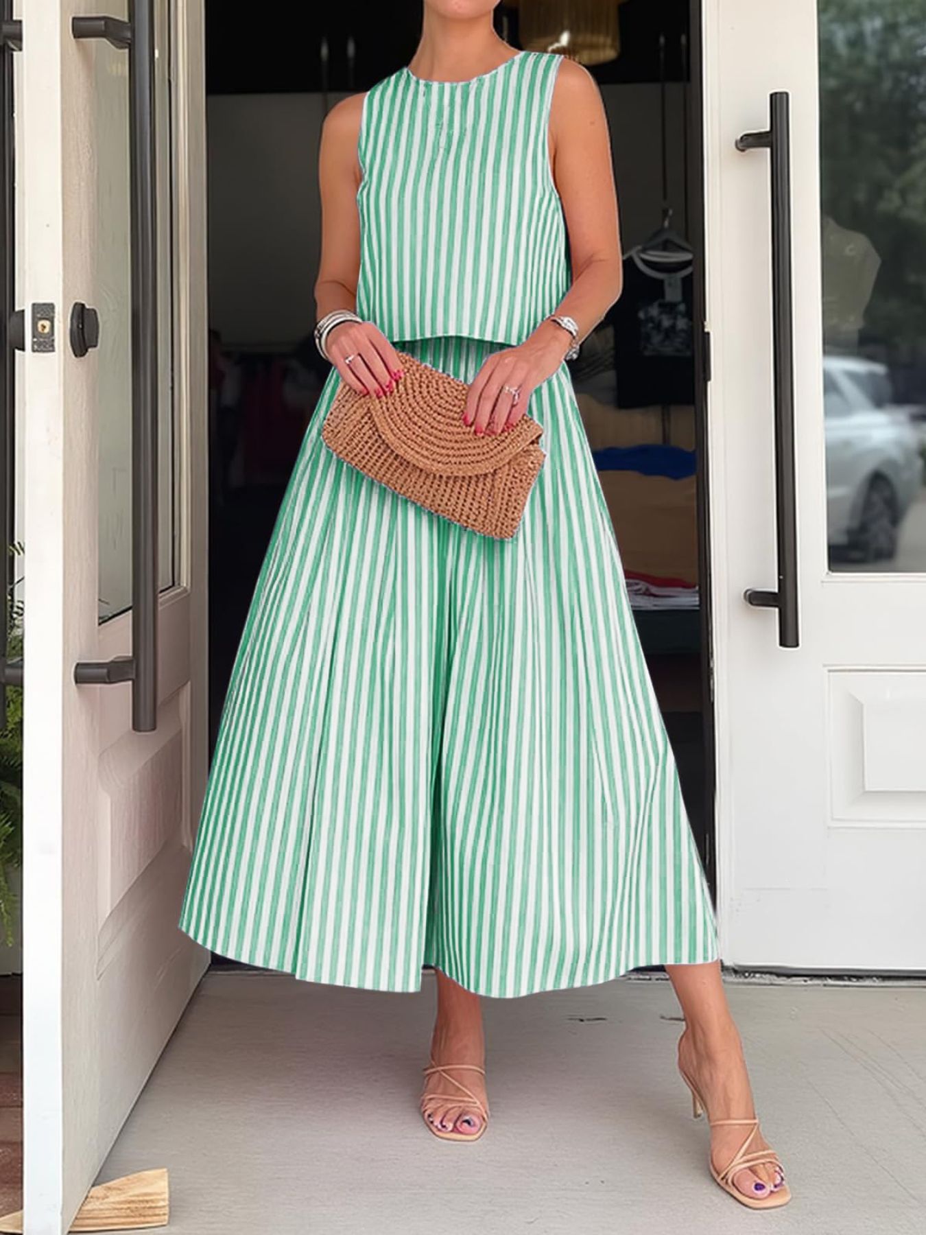 Striped Sleeveless Top and Midi Skirt Set