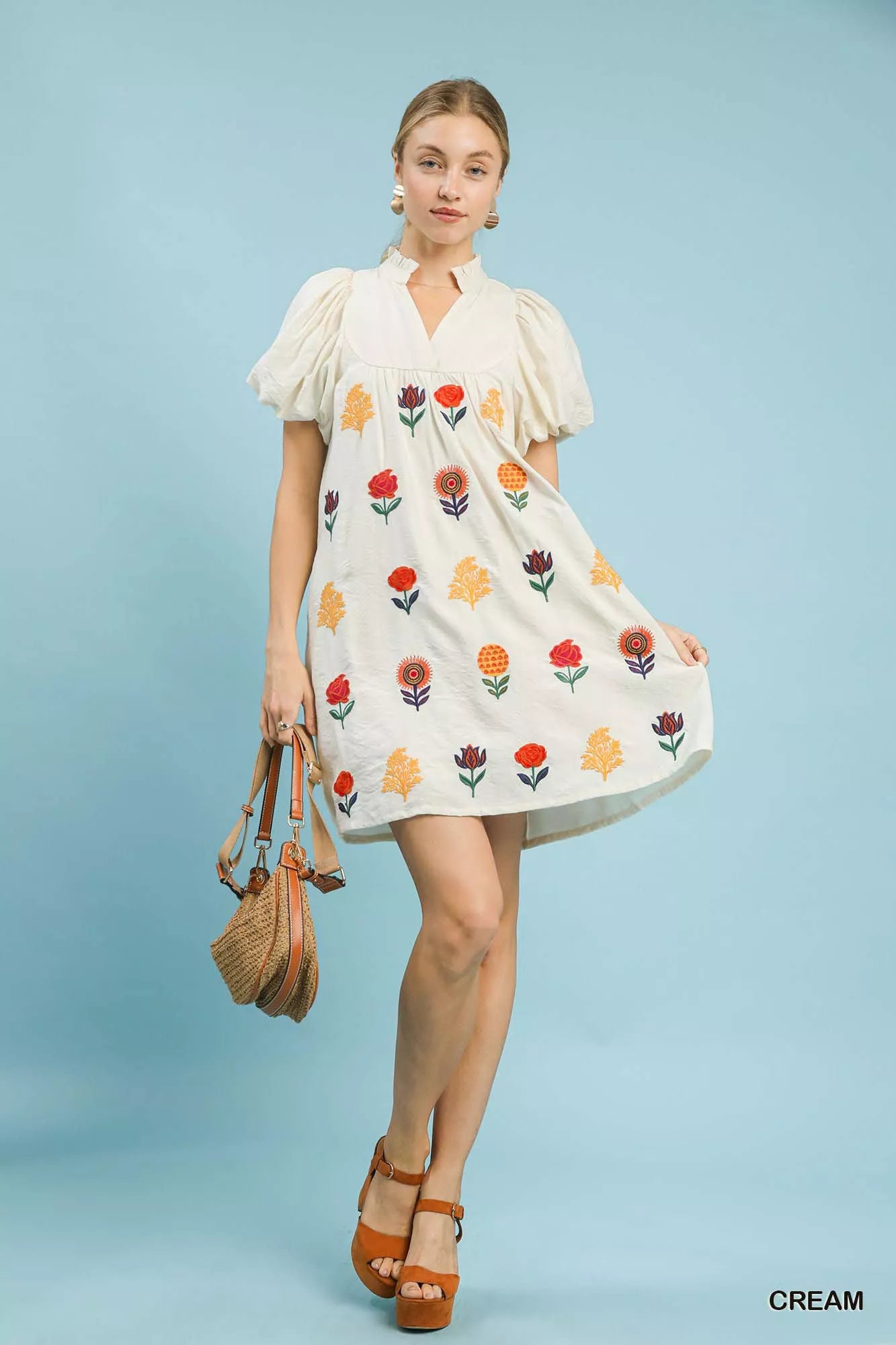 Umgee Floral Embroidered Puff Sleeve Mini Dress