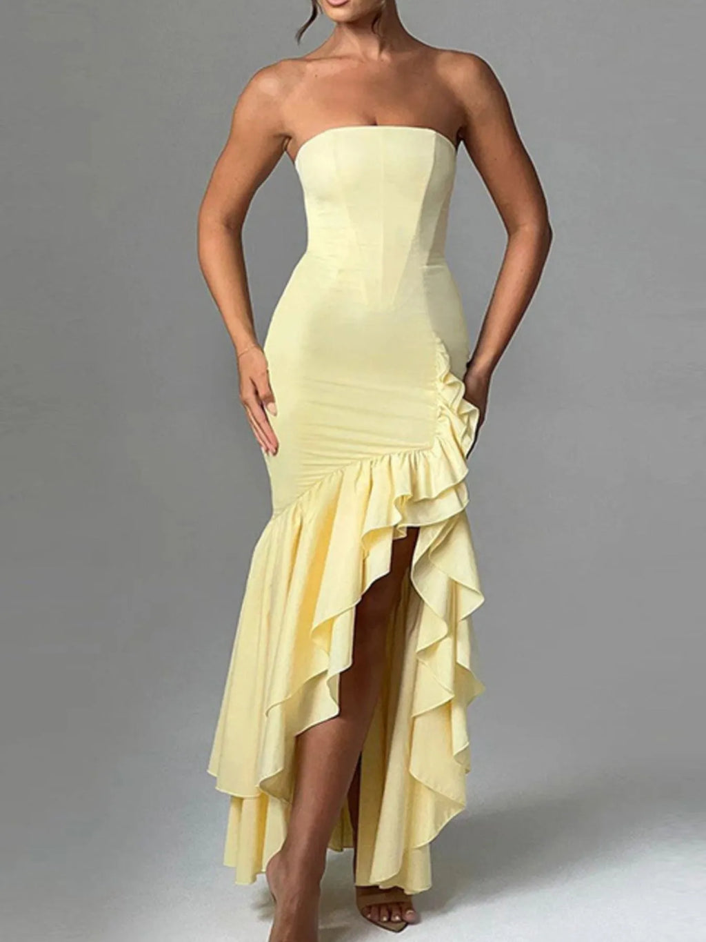 Strapless Ruffle High-Low Bodycon Dress
