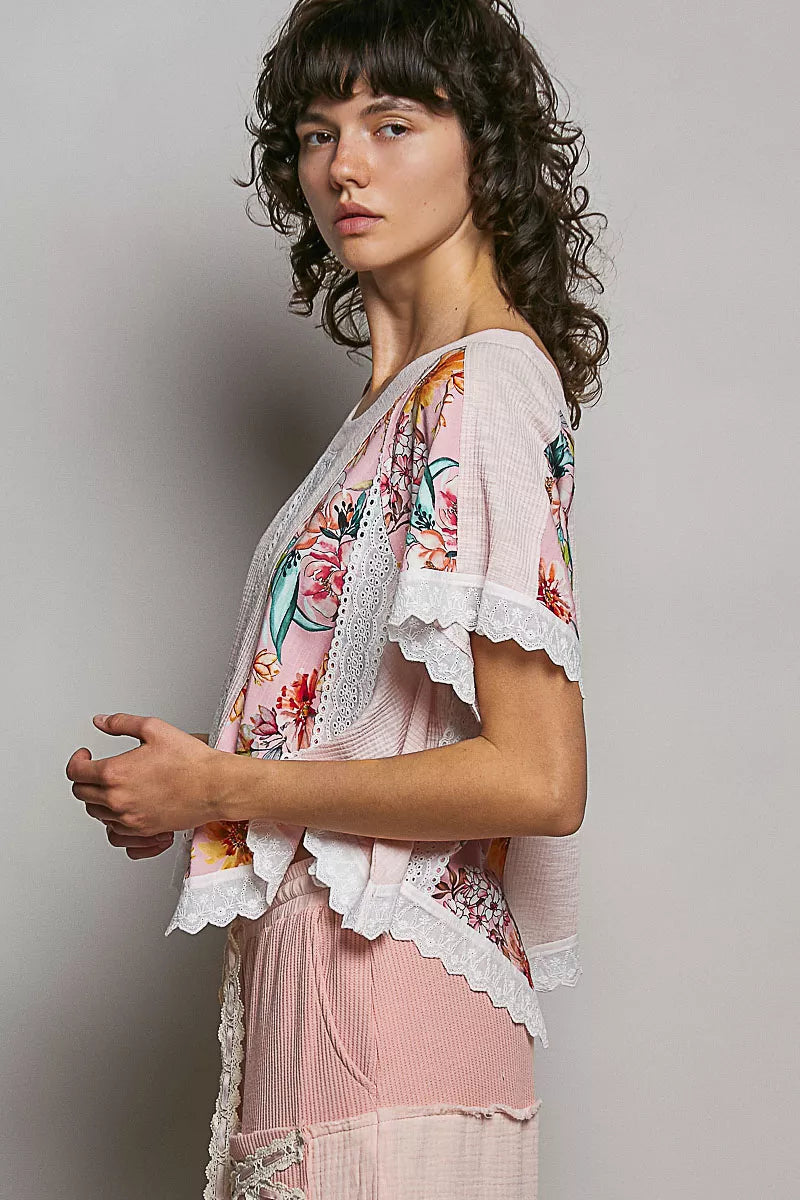 POL Round Neck Ribbed Cropped Top with Lace Detail