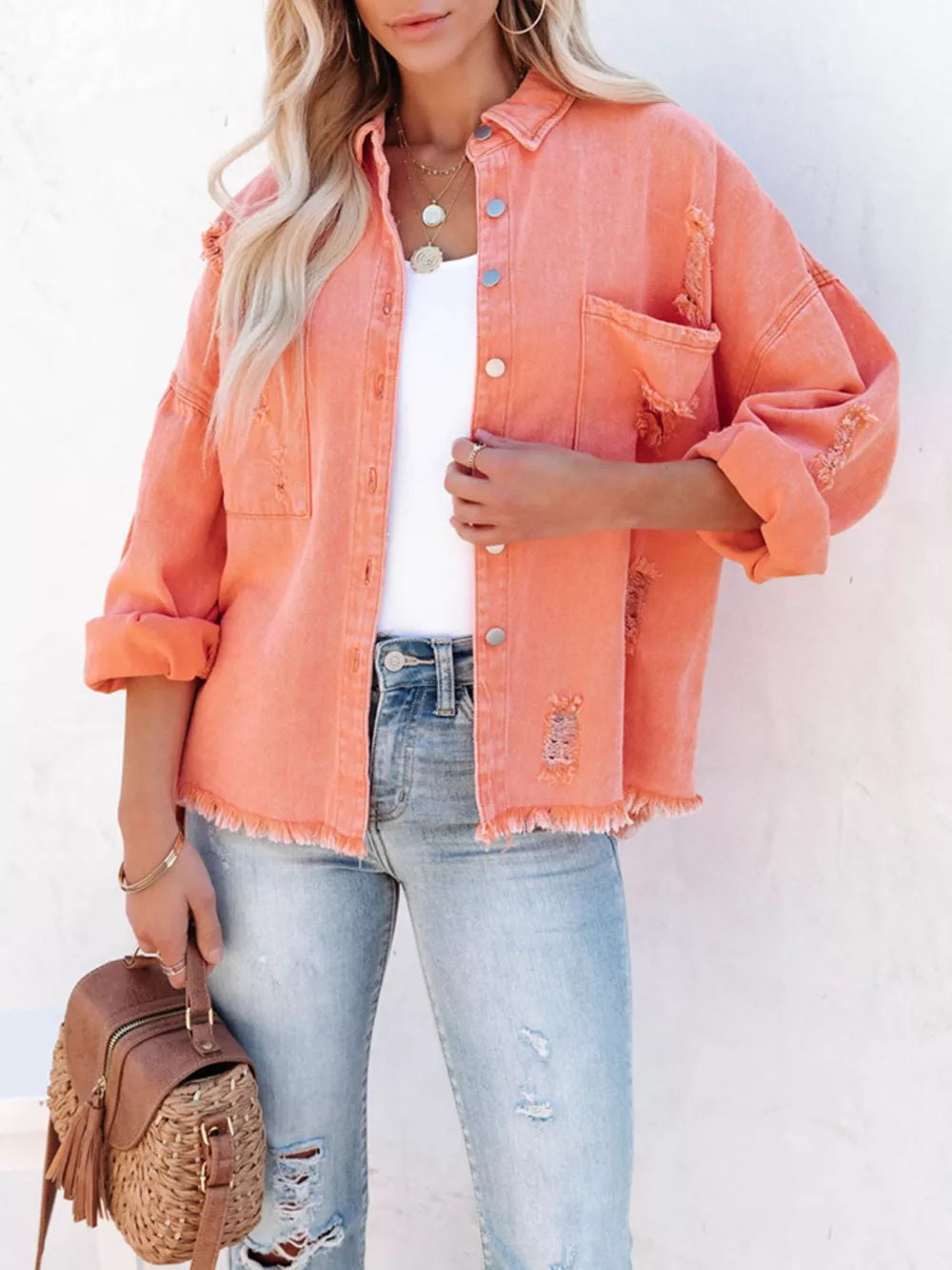 Raw Hem Button Up Denim Shacket