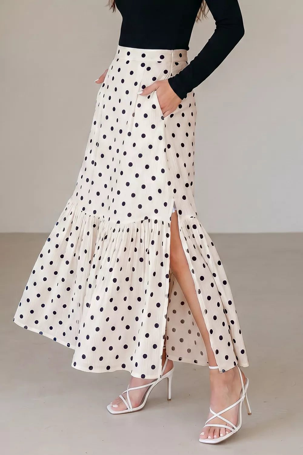 Polka Dot Ruffled Slit Maxi Skirt