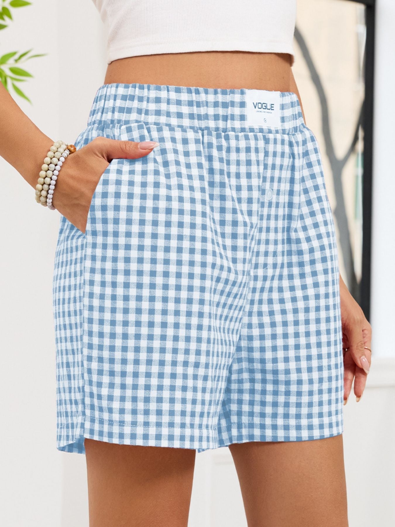 Gingham Elastic Waist Casual Shorts