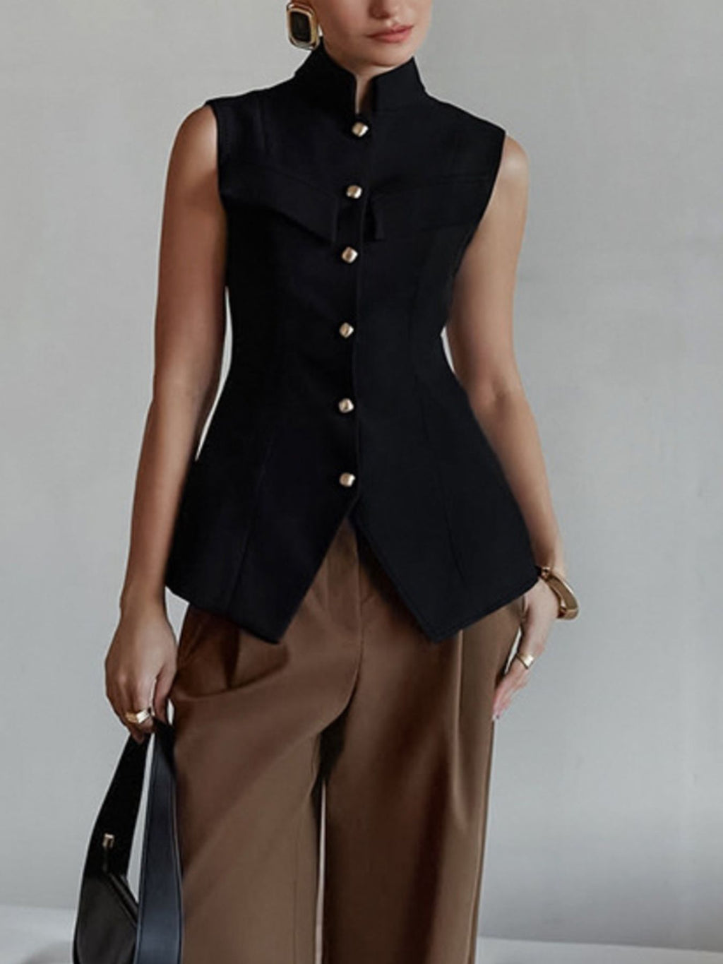 Stand Collar Button-Down Vest Coat