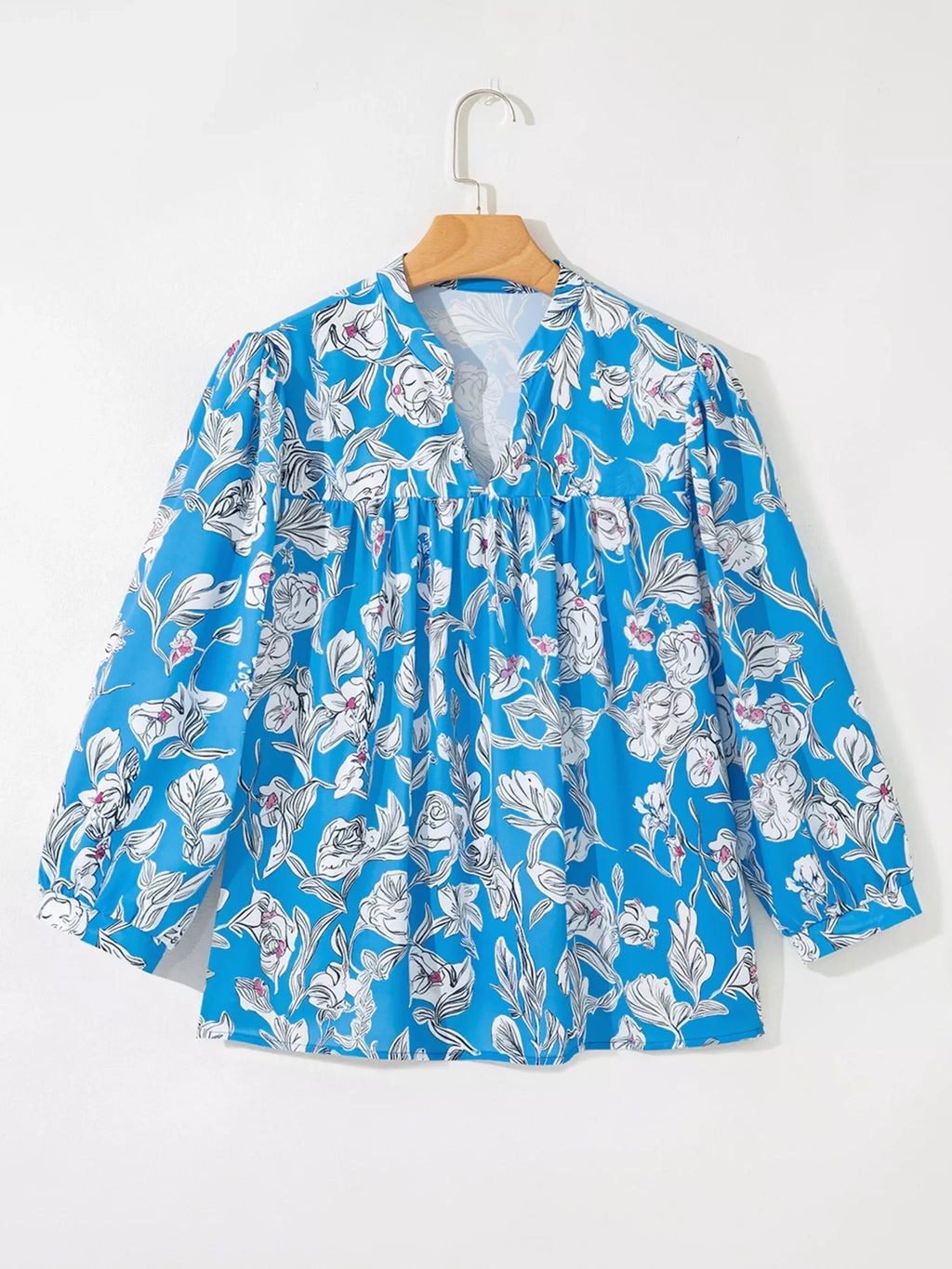 Notched Floral Print 3/4 Puff Sleeve Blouse