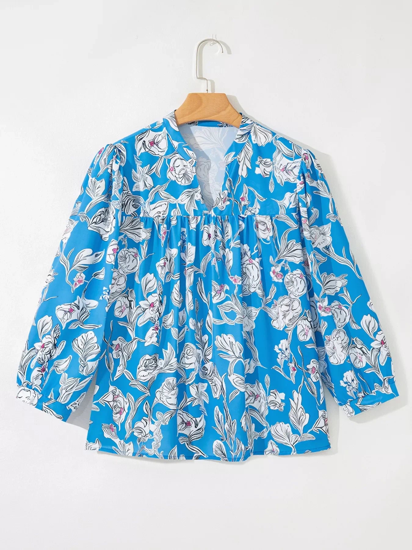 Notched Floral Print 3/4 Puff Sleeve Blouse