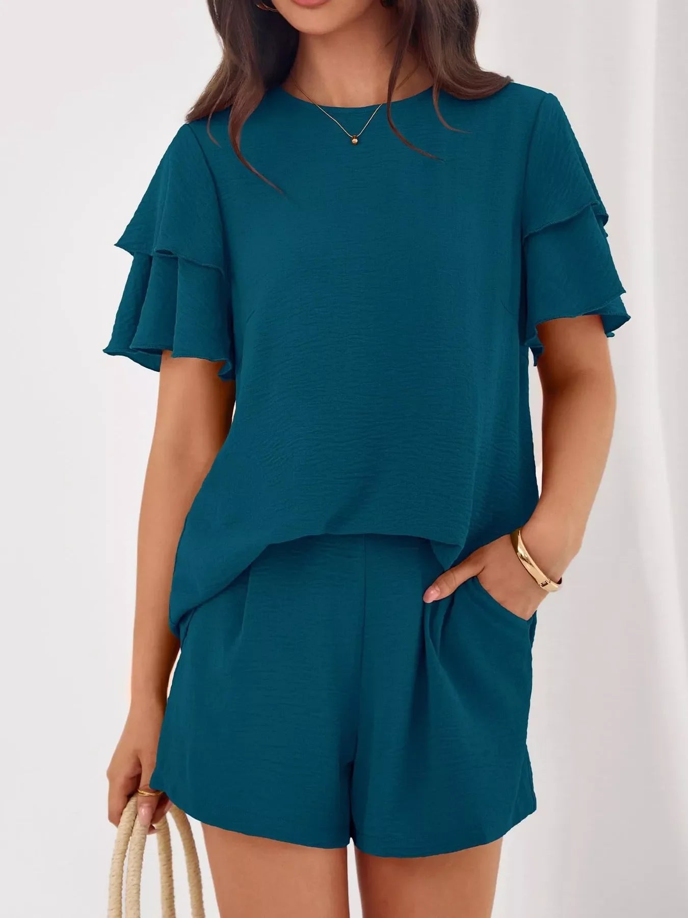 Ruffle Sleeve Top and Shorts Two-Piece Set