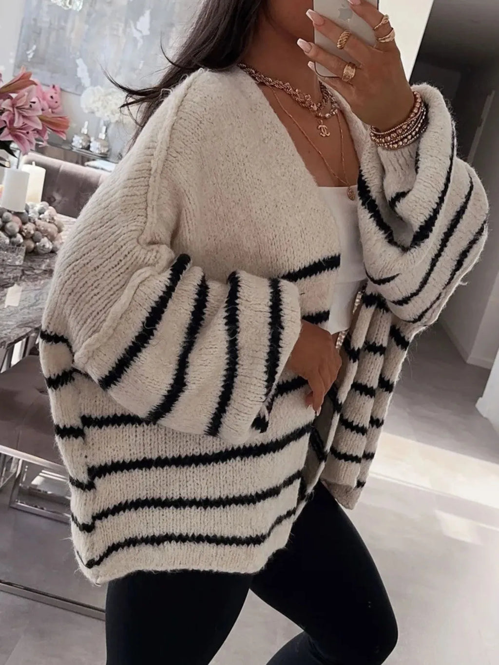 Striped Open Front Dropped Shoulder Cardigan