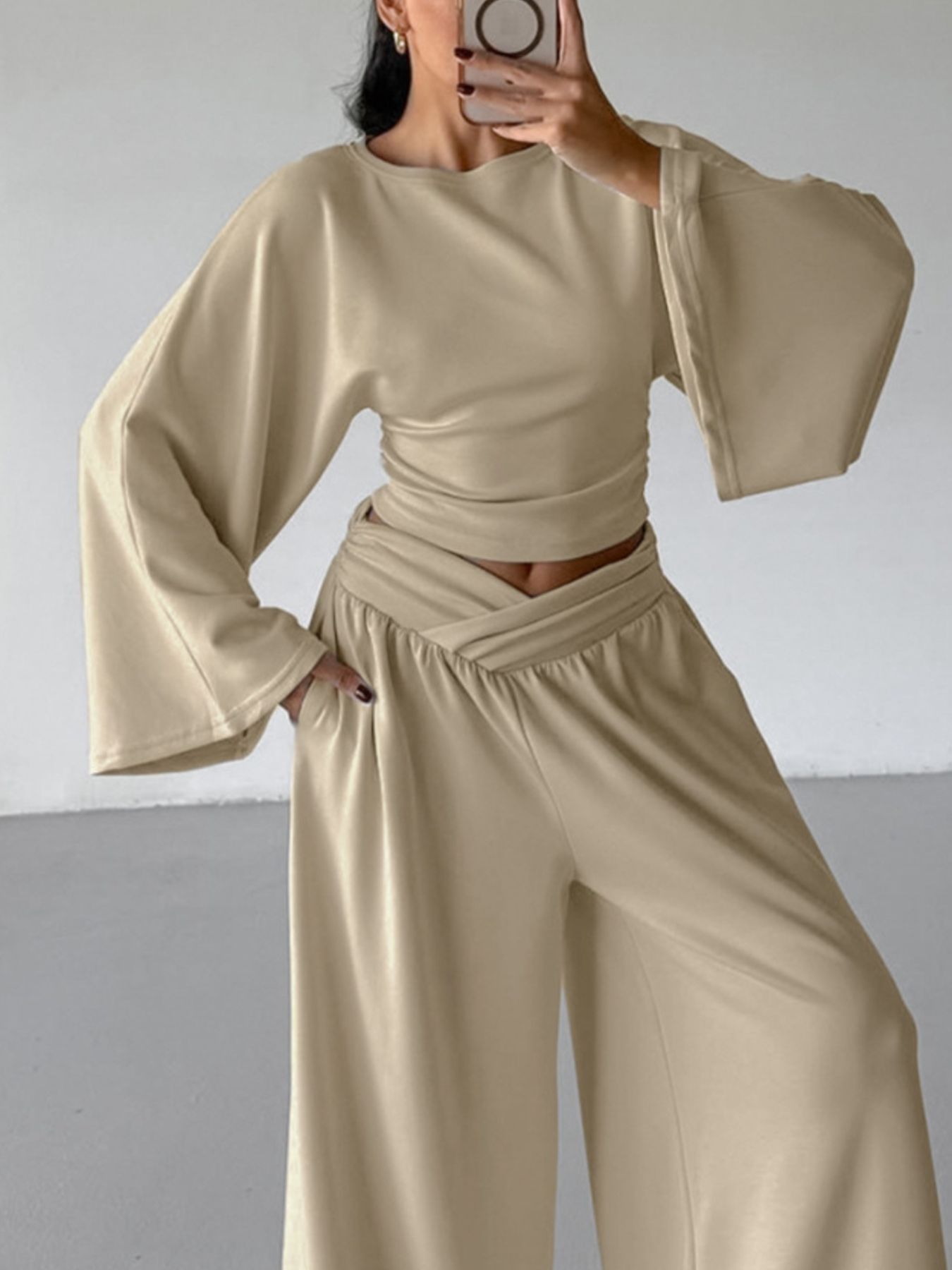 Round Neck Top and Wide Leg Pants Set