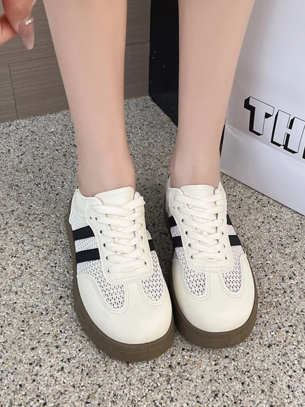 Ivory Mesh & PU Leather Lace Up Platform Sneakers