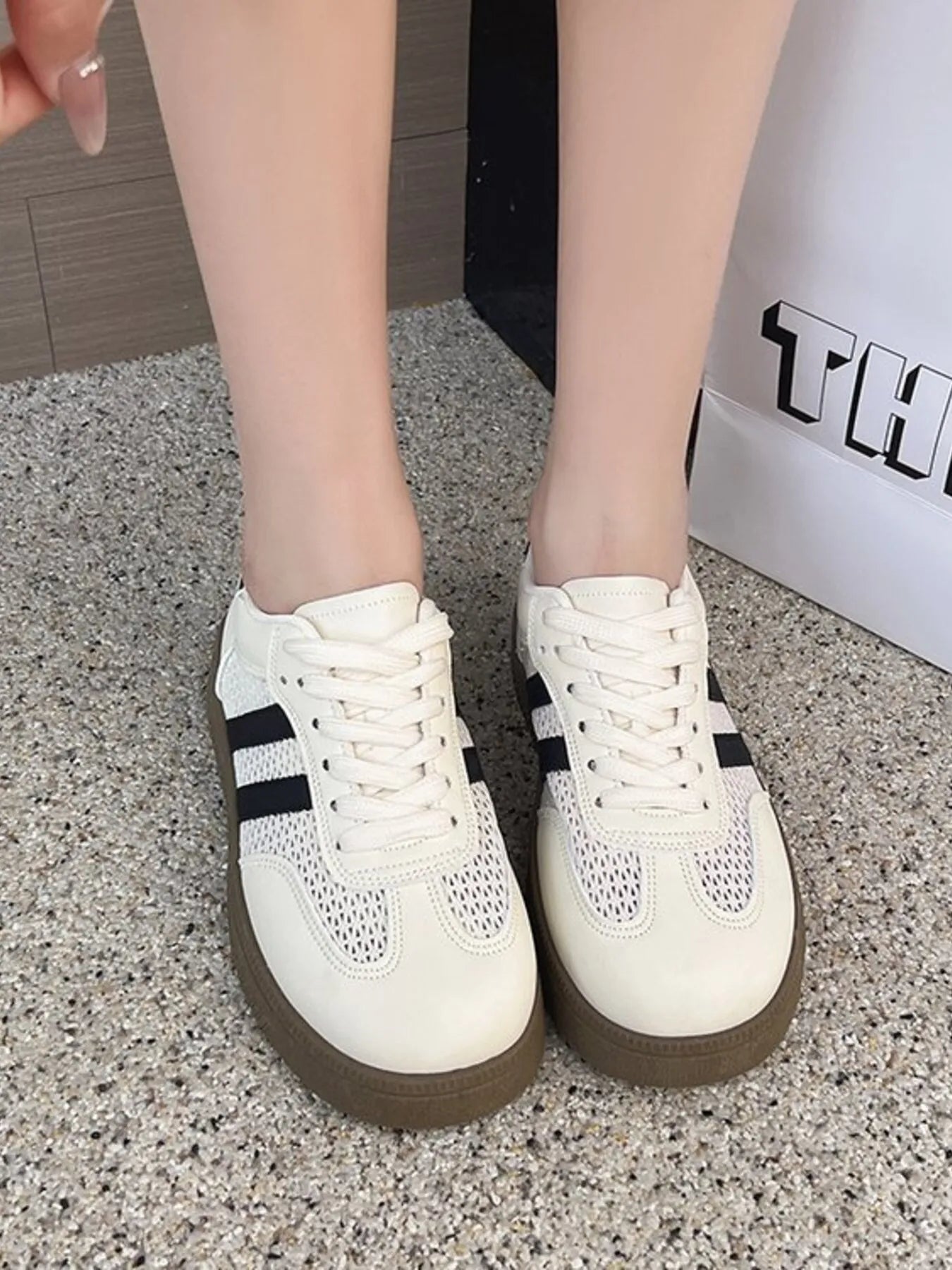 Ivory Mesh & PU Leather Lace Up Platform Sneakers
