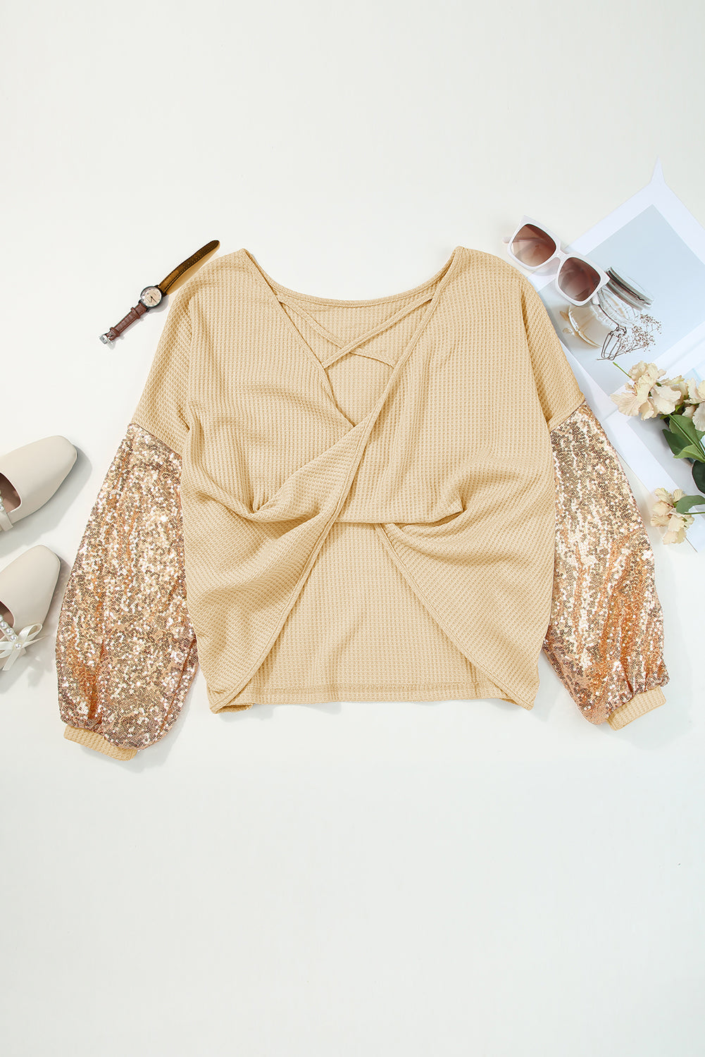 Sequin Patchwork Sleeve Open Back Top