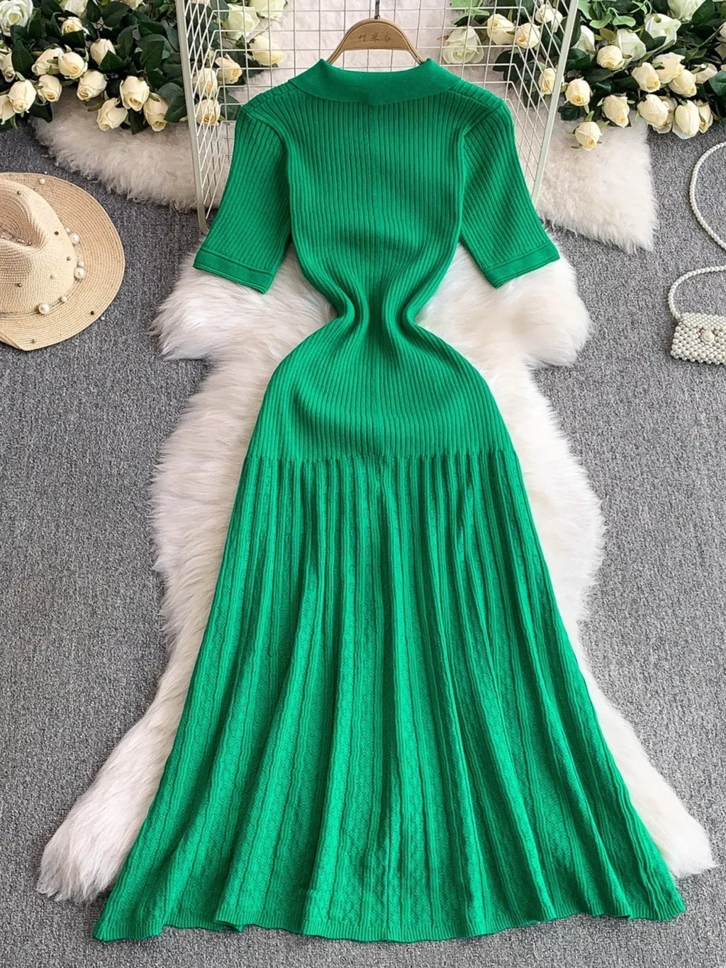 Button Front Ribbed Knit Midi Dress