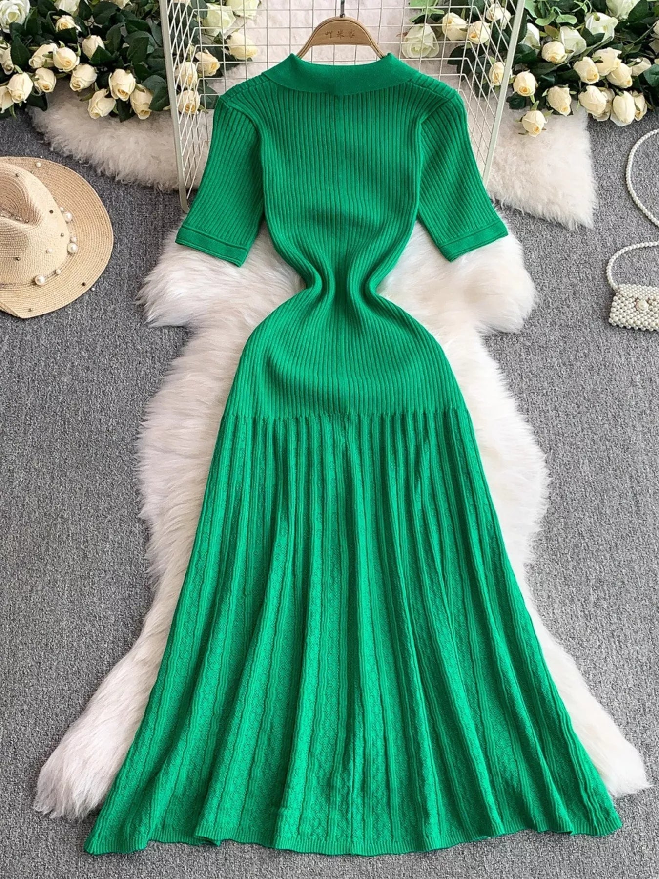 Button Front Ribbed Knit Midi Dress