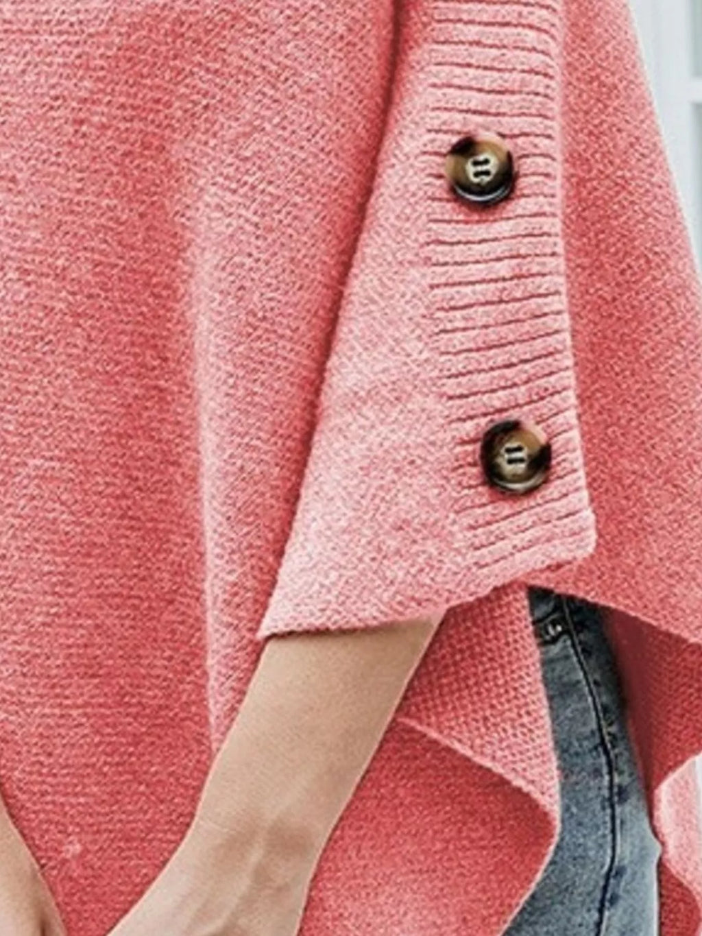 Button-Decor Turtleneck Poncho Pullover