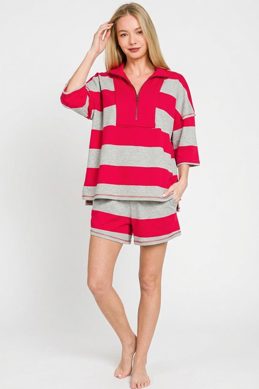 Zenana Frenchterry Striped Half Zip Top & Shorts Set