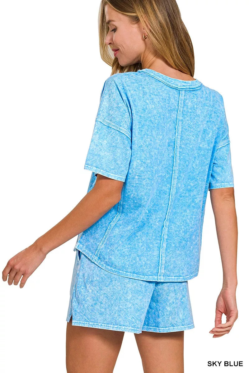 Zenana Halo Snow Washed Short Sleeve Tee and Shorts Set