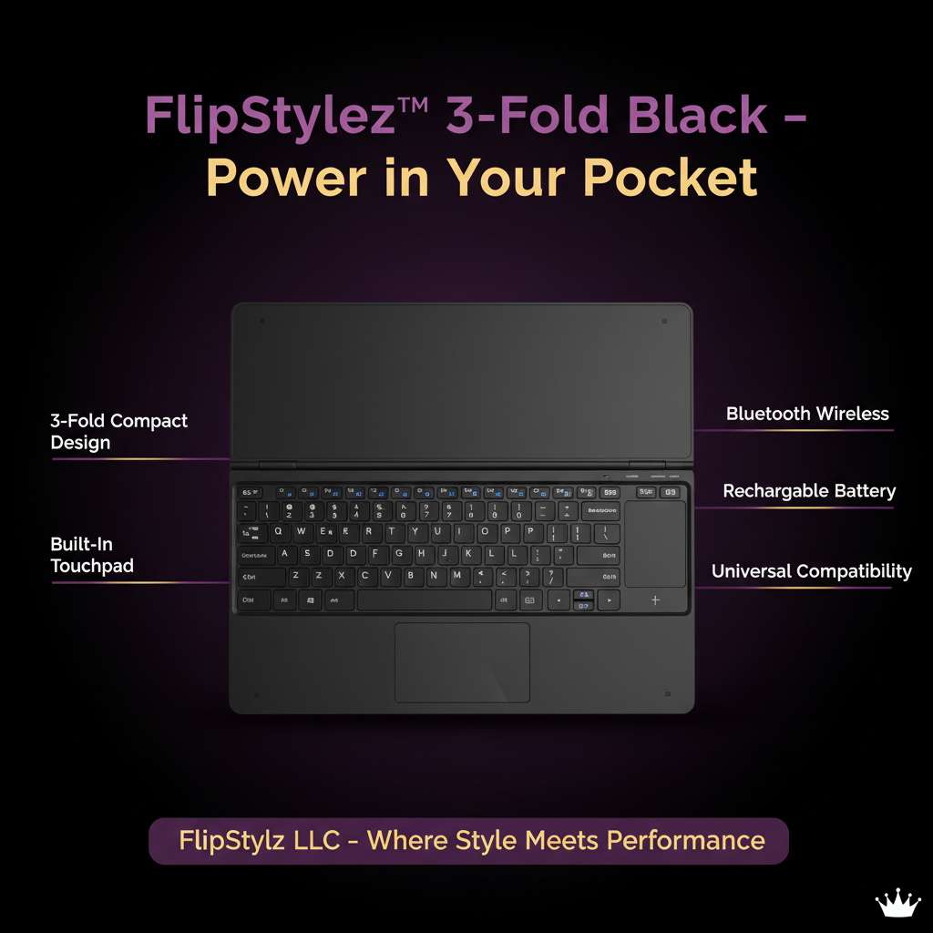 FlipStylez™ 3-Fold Wireless Bluetooth Keyboard with Touchpad – Compact, Rechargeable, Multi-Device, Windows, iOS, Android & Mac | FlipStylez LLC®