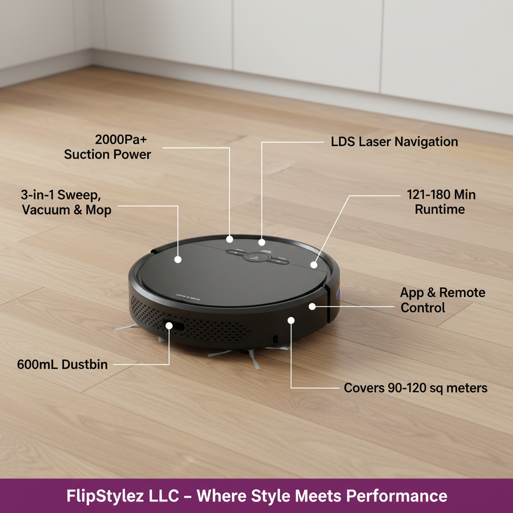 🤖✨GEERLEPOL™ Smart Robot Vacuum Cleaner D2-001 – 3-in-1 Sweep, Vacuum & Mop | LDS Laser Navigation | App & Remote Control | Black & White🤖✨