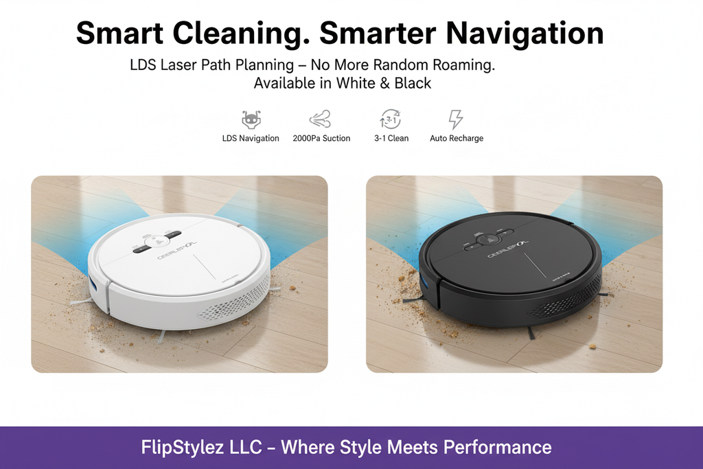 🤖✨GEERLEPOL™ Smart Robot Vacuum Cleaner D2-001 – 3-in-1 Sweep, Vacuum & Mop | LDS Laser Navigation | App & Remote Control | Black & White🤖✨