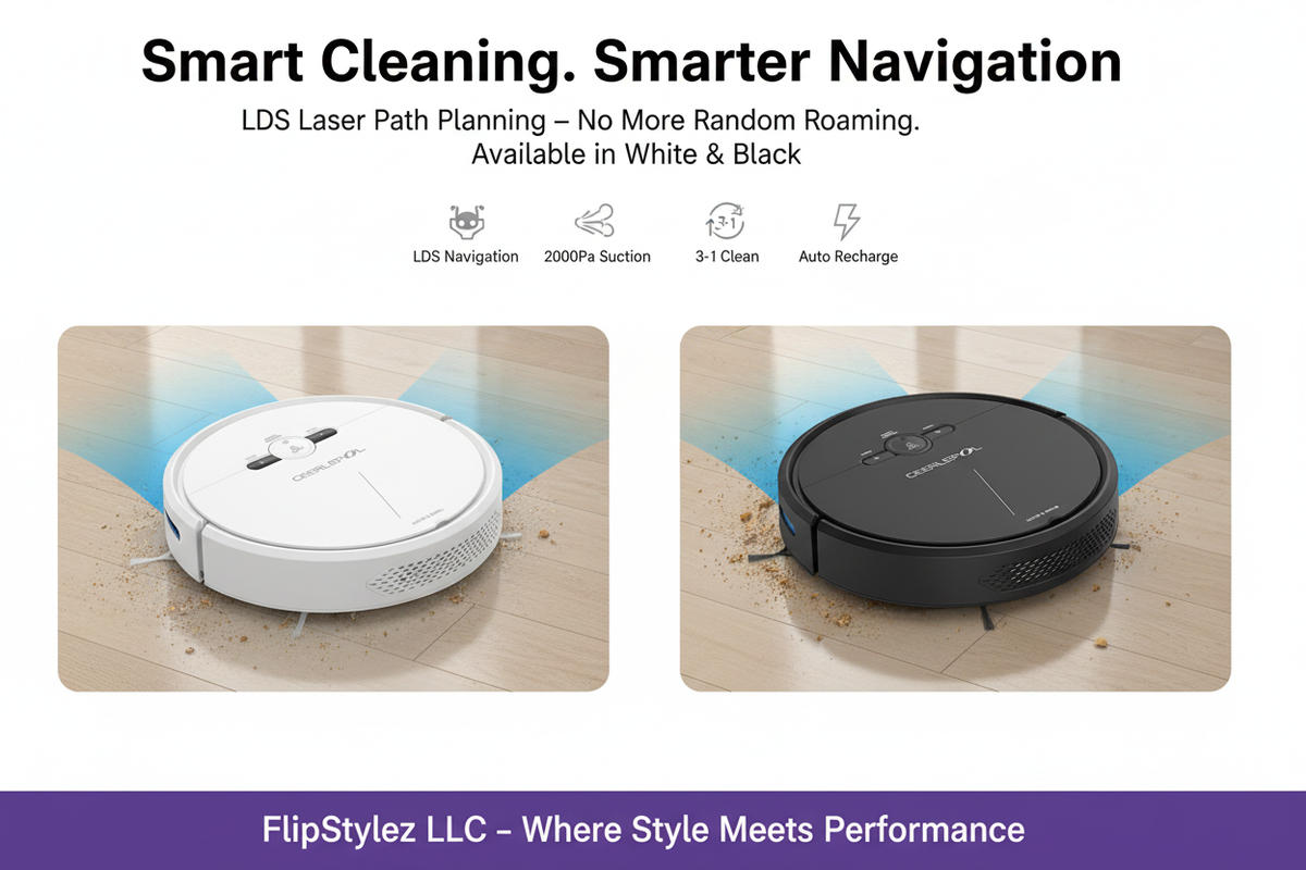 🤖✨GEERLEPOL™ Smart Robot Vacuum Cleaner D2-001 – 3-in-1 Sweep, Vacuum & Mop | LDS Laser Navigation | App & Remote Control | Black & White🤖✨