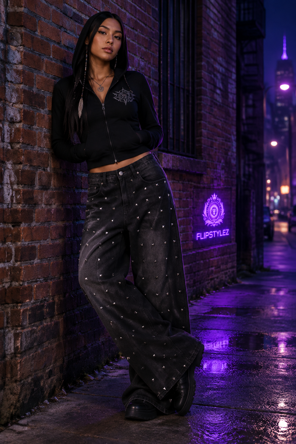 Black Rivet Baggy Denim Jeans | Heavy Duty Wide Leg Streetwear | Women's High-Waist Retro Trousers