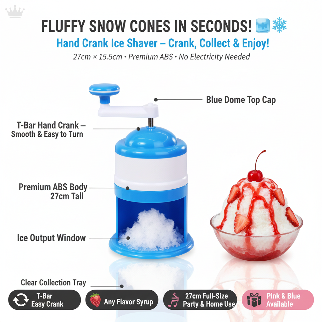 Hand Crank Ice Shaver & Snow Cone Crusher | Premium ABS Slushy Maker with Ice Mold Bundle Option | Pink & Blue | Home & Party Use