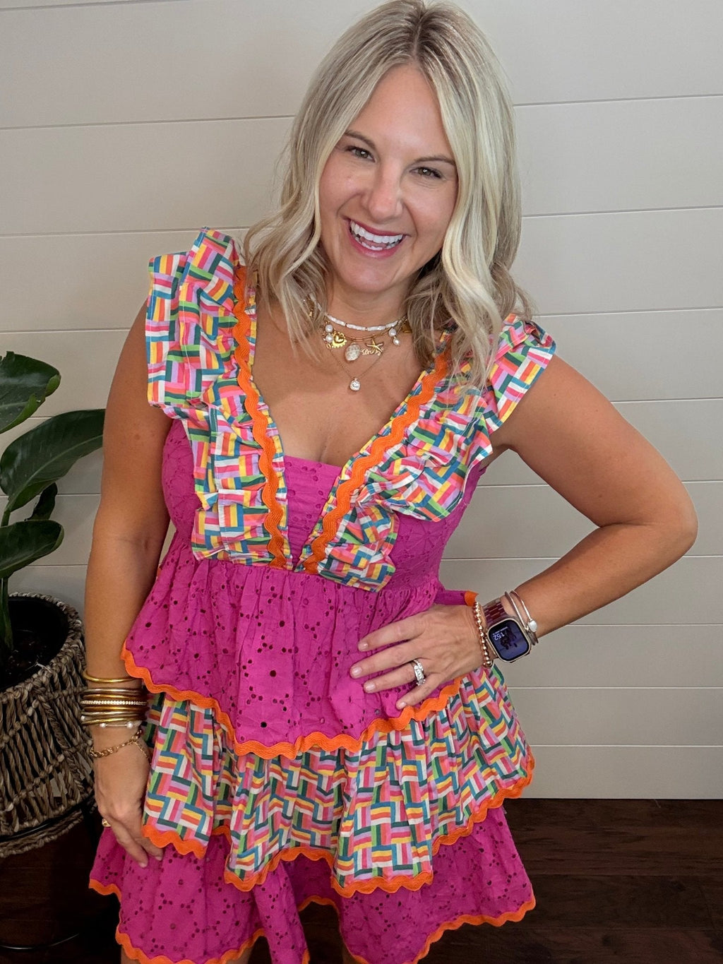 Brianna Cannon - Rainbow Parquet and Pink Eyelet Ruffle Dress
