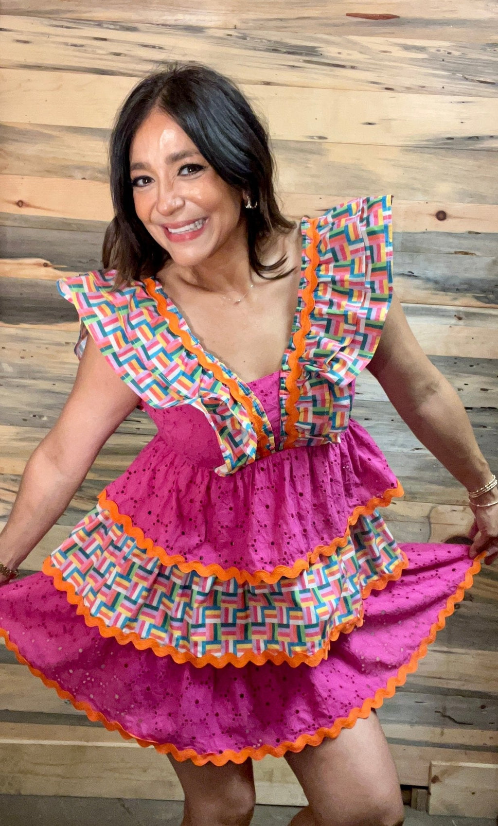 Brianna Cannon - Rainbow Parquet and Pink Eyelet Ruffle Dress