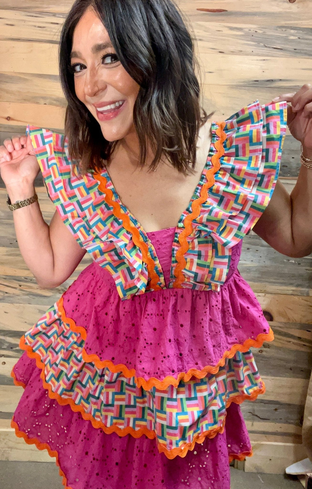 Brianna Cannon - Rainbow Parquet and Pink Eyelet Ruffle Dress