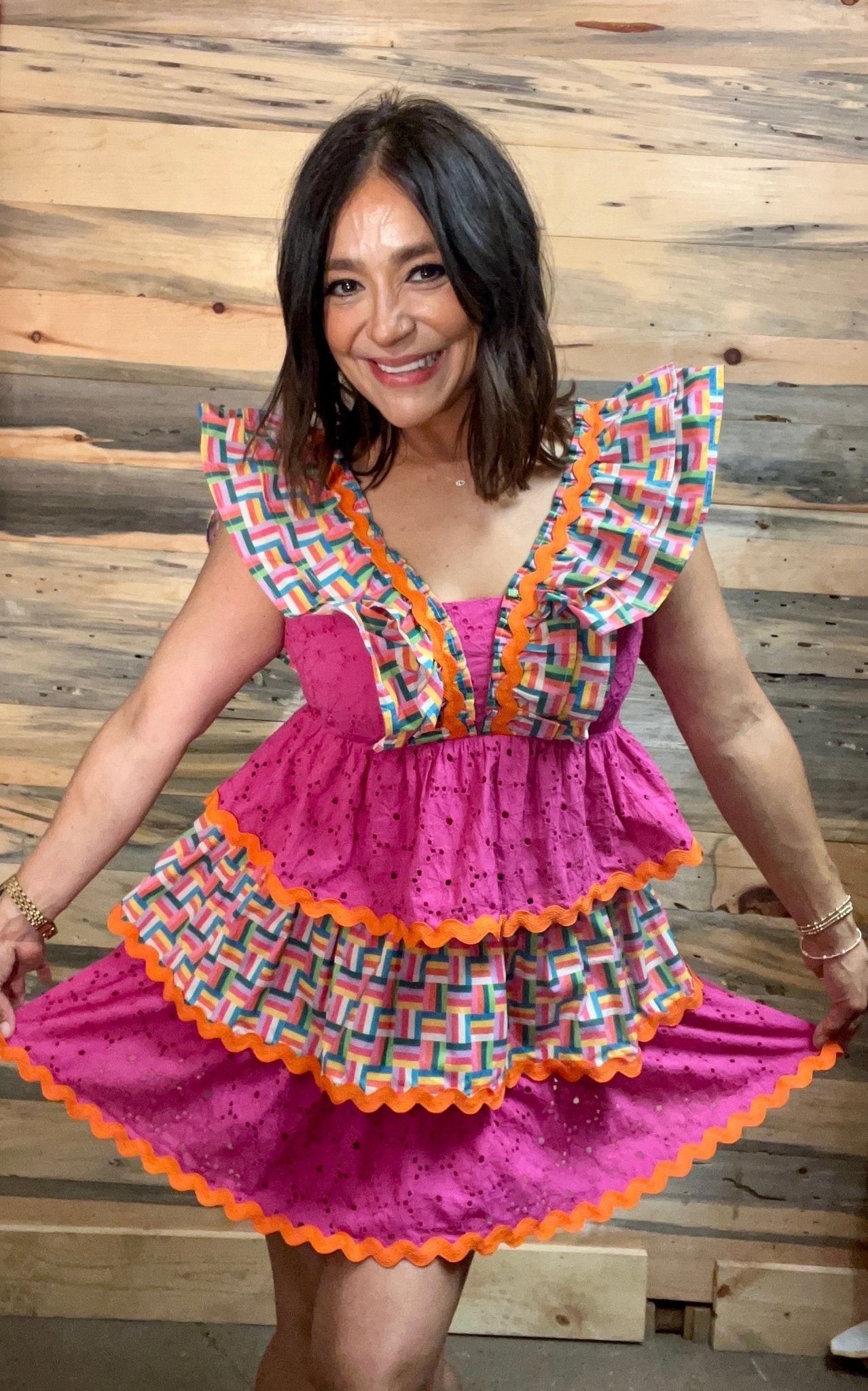 Brianna Cannon - Rainbow Parquet and Pink Eyelet Ruffle Dress