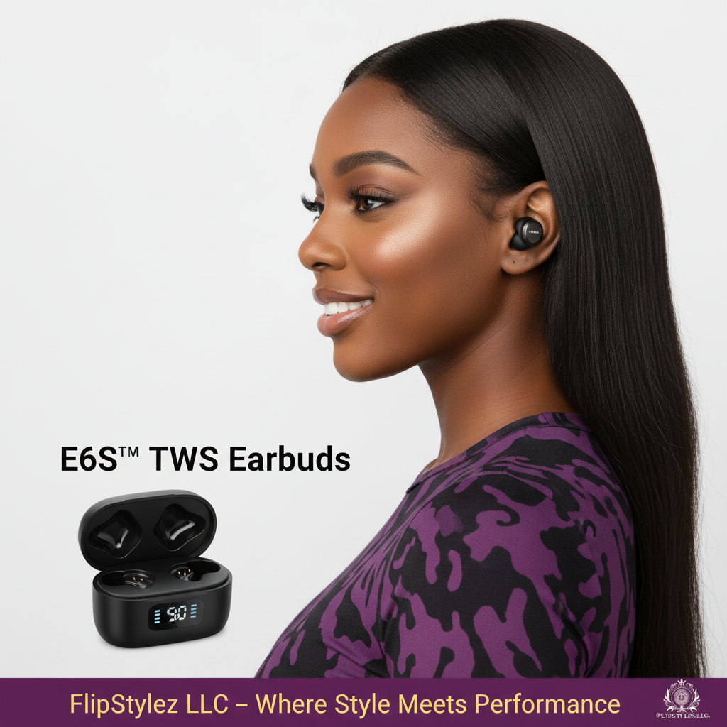 E6S™ TWS Bluetooth 5.0 Wireless Earbuds – Noise Cancelling, IPX5 Waterproof, LED Display, Mic, Black, White & Pink | FlipStylez LLC®