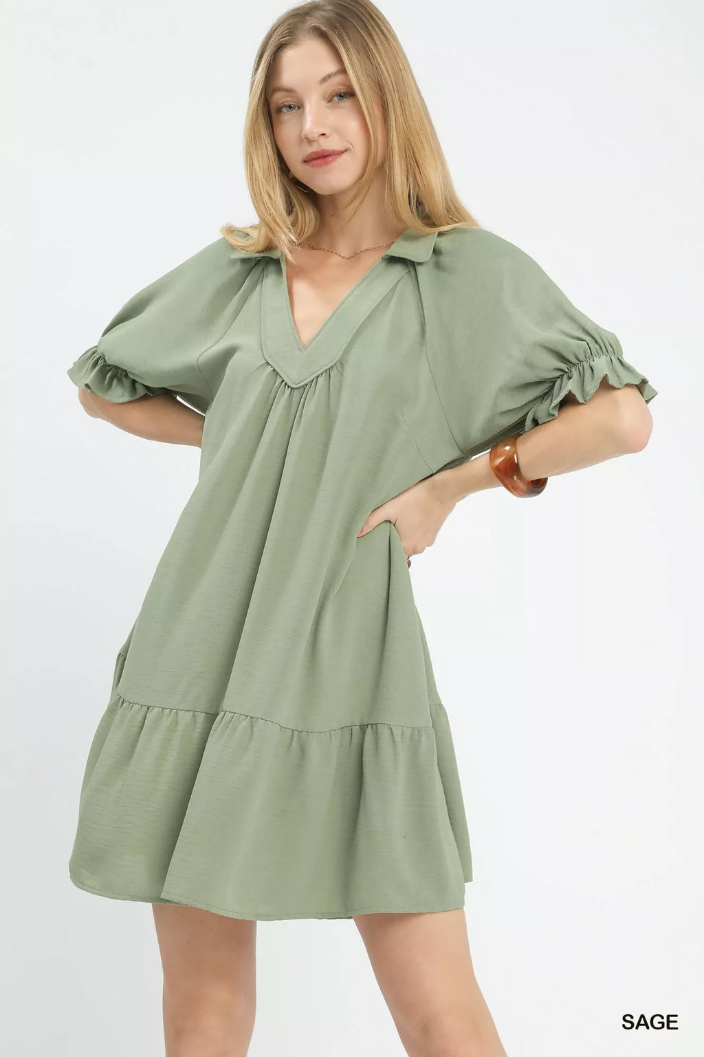 Umgee Tiered Puff Sleeve Babydoll Dress