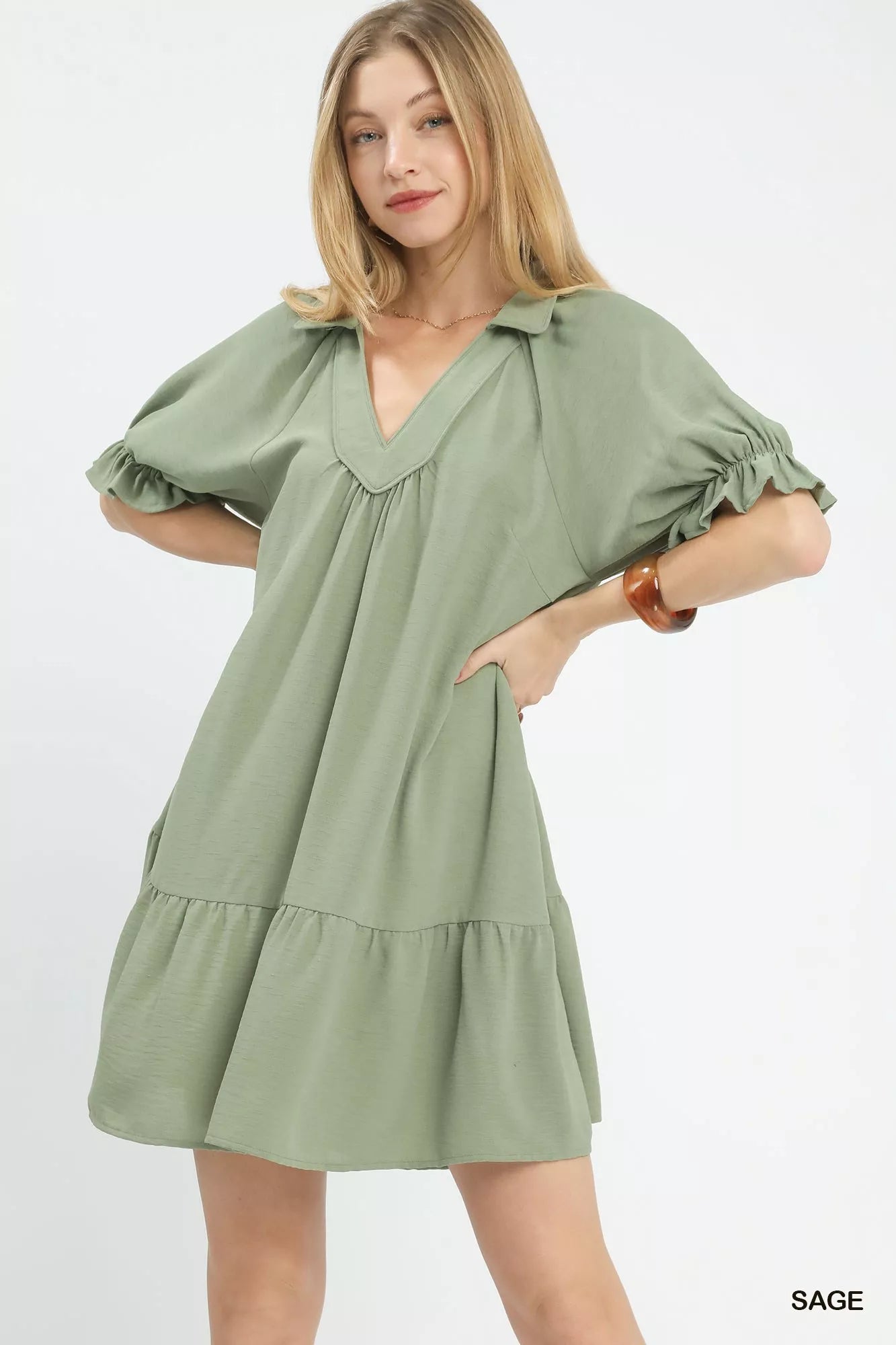 Umgee Tiered Puff Sleeve Babydoll Dress