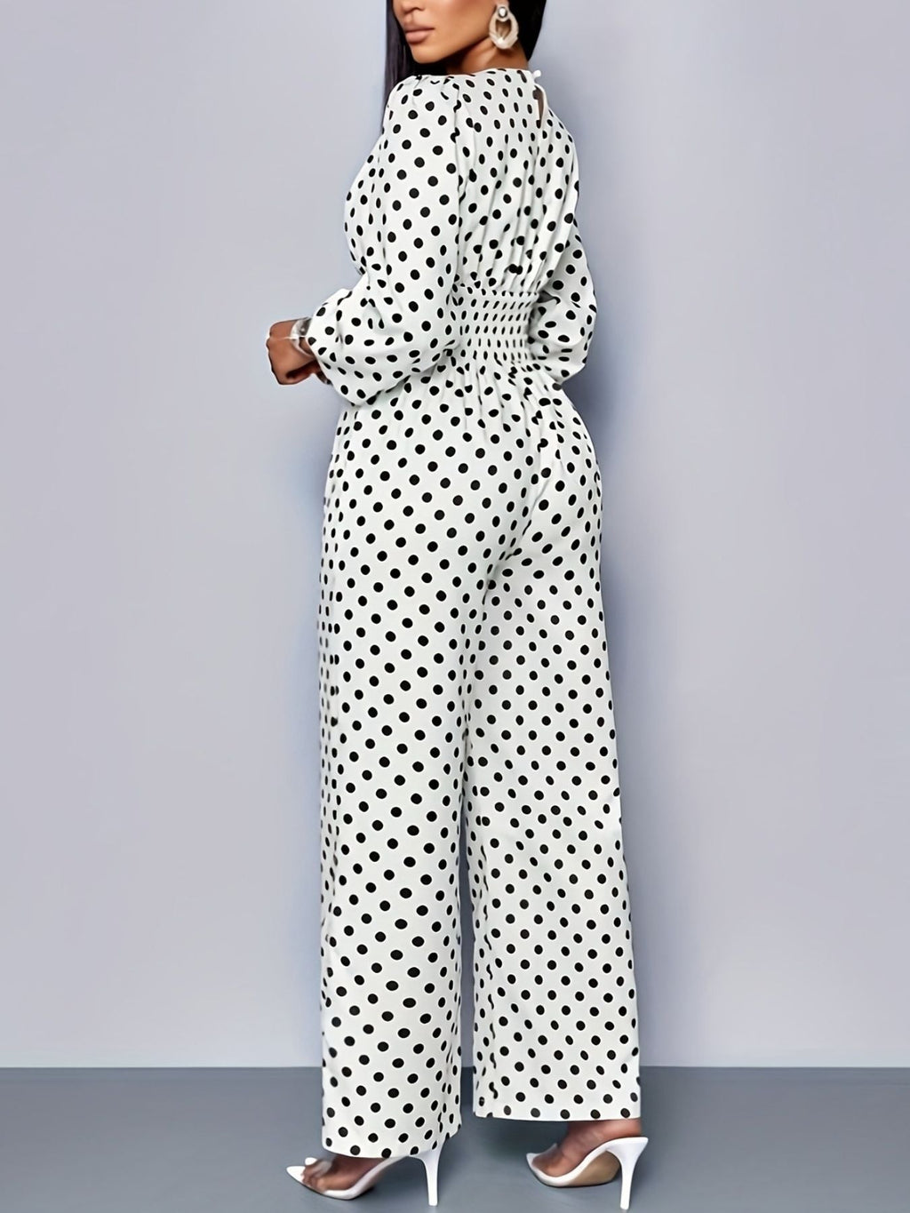 Polka Dot Long Sleeve Wide Leg Jumpsuit