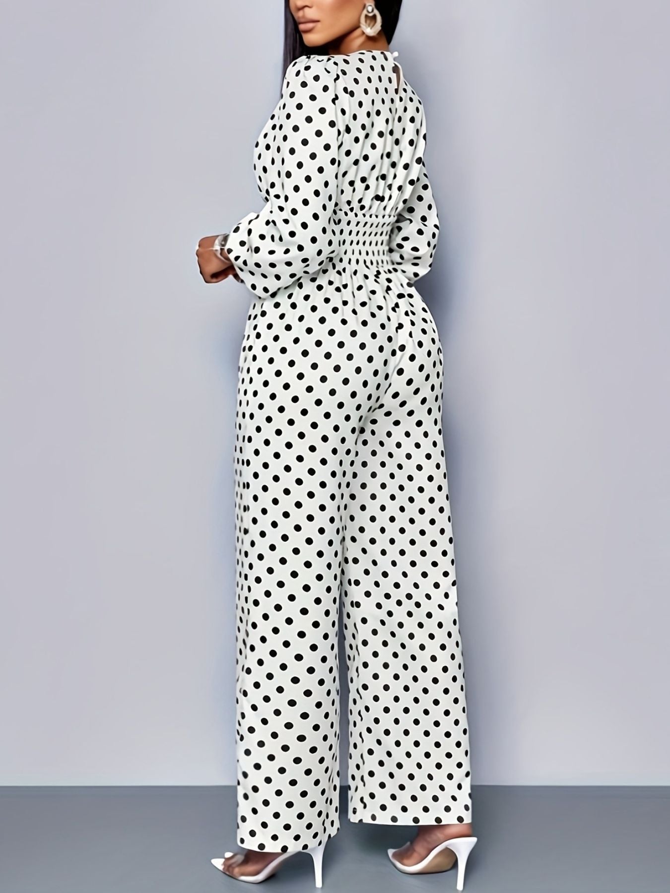Polka Dot Long Sleeve Wide Leg Jumpsuit