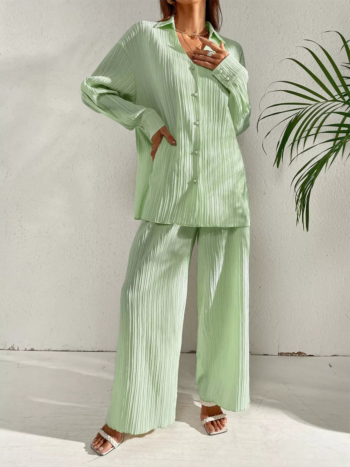 Long Sleeve Shirt & Wide Leg Pants Set