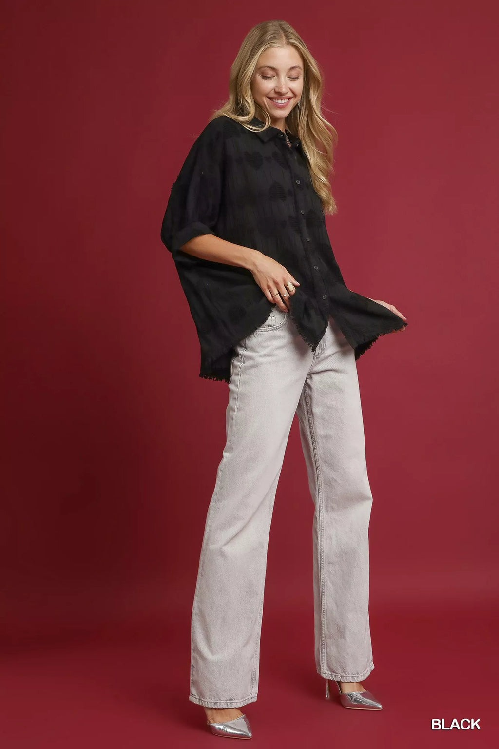 Umgee Jacquard Heart Collared Shirt