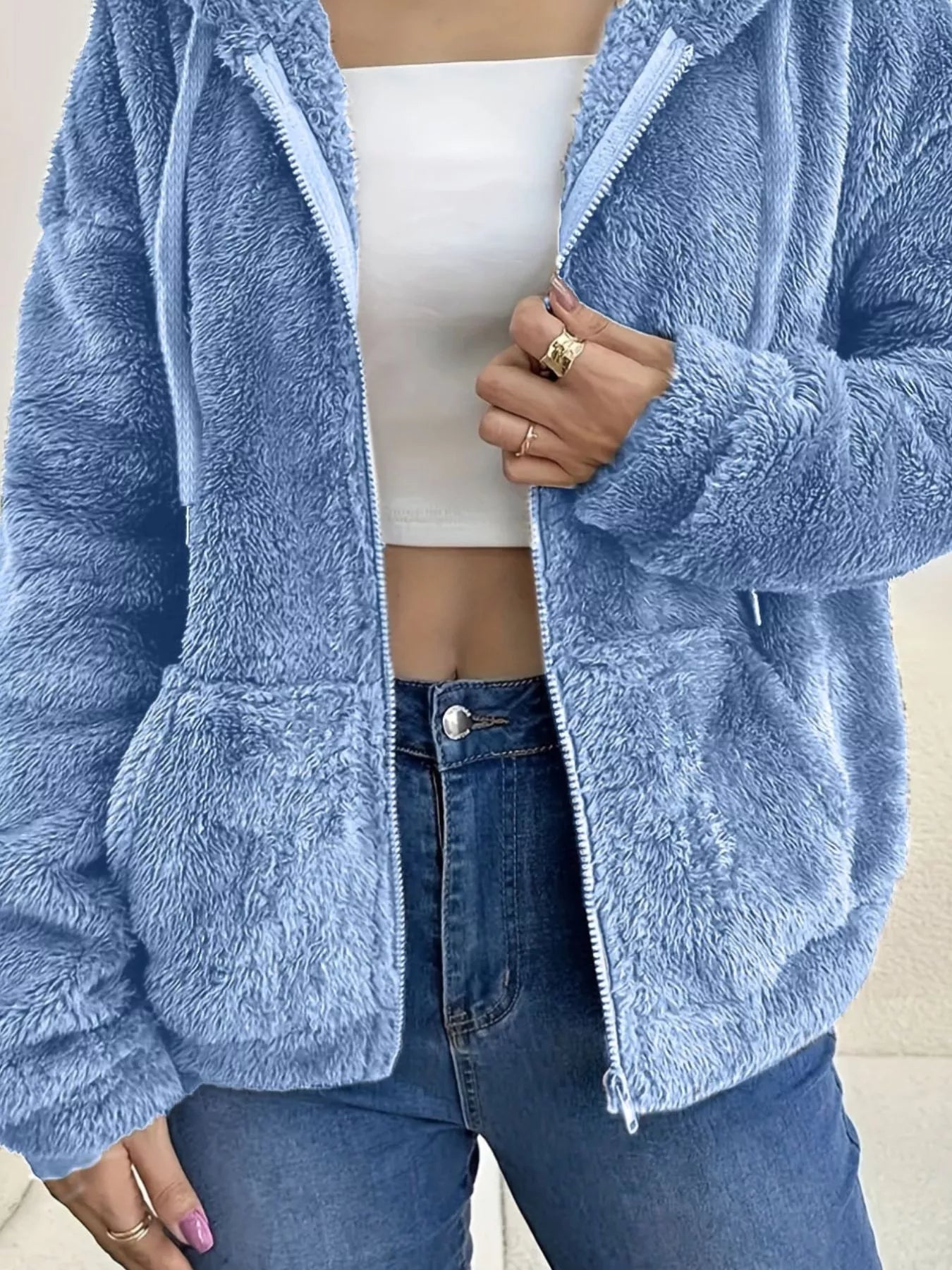 Drawstring Fleece Zip-Up Outerwear