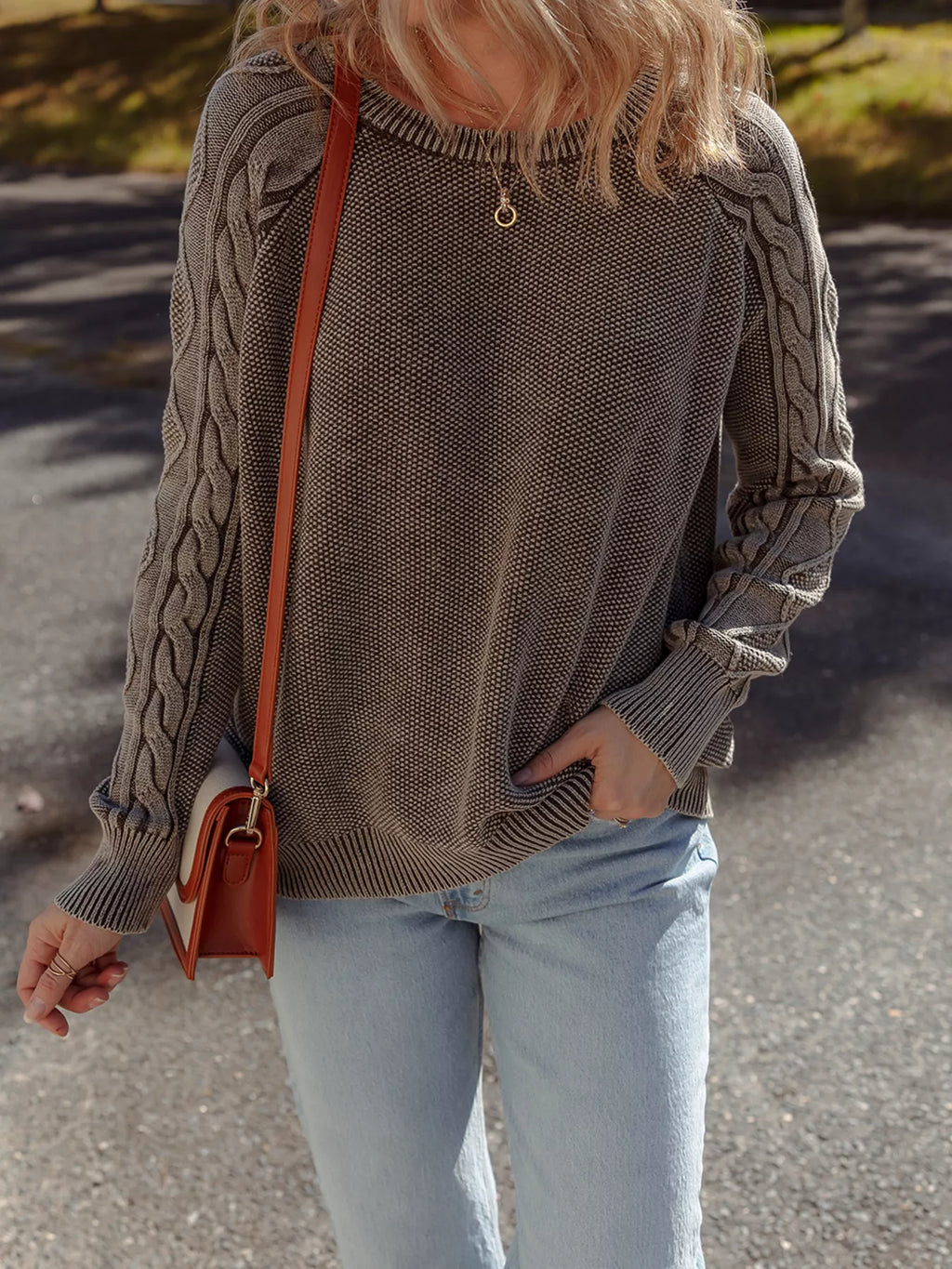 Contrast Cable Knit Sleeve Casual Sweater