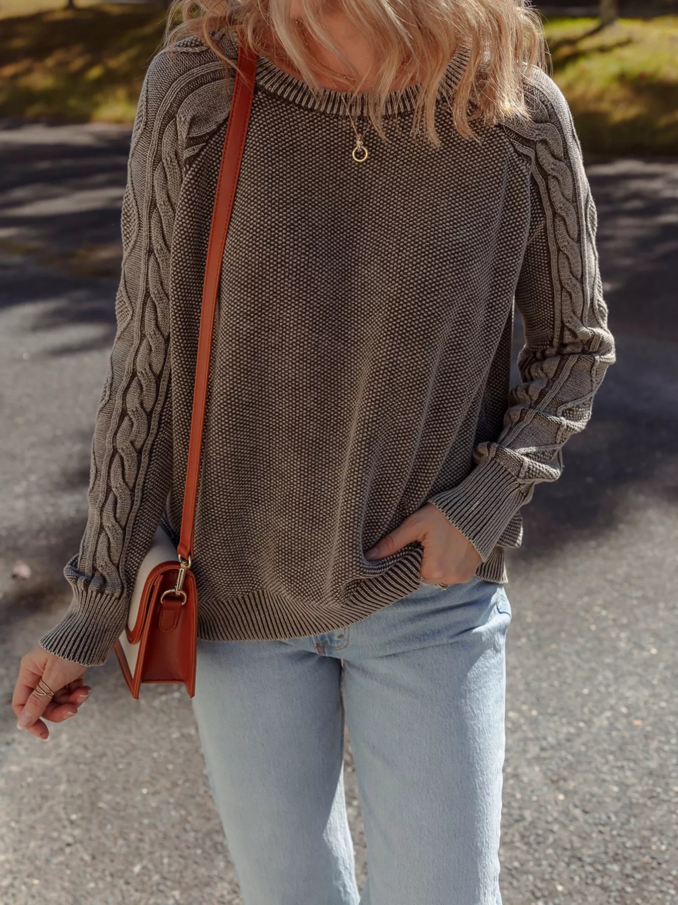 Contrast Cable Knit Sleeve Casual Sweater