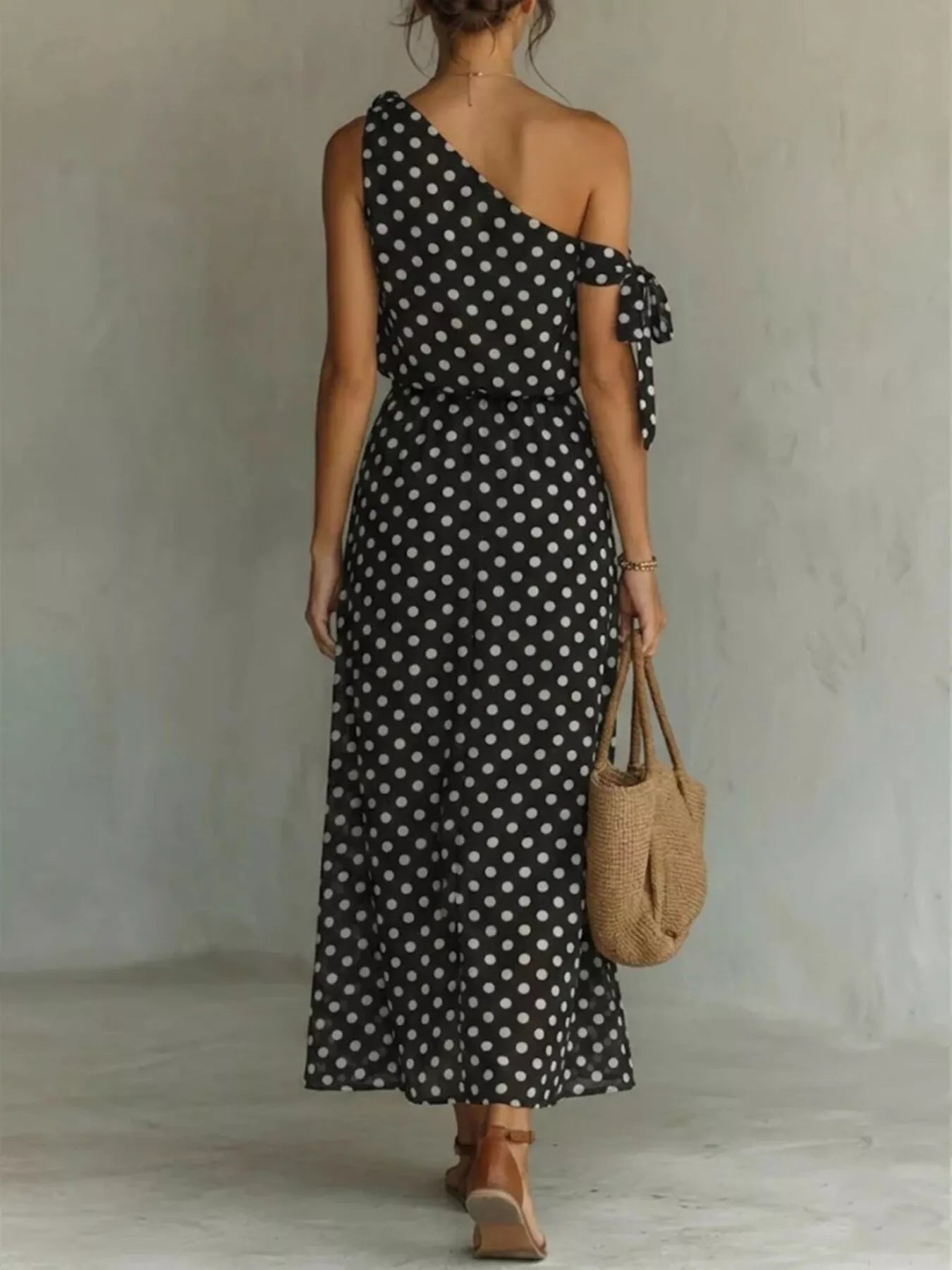 Full Size Polka Dot One-Shoulder Maxi Dress Plus Size