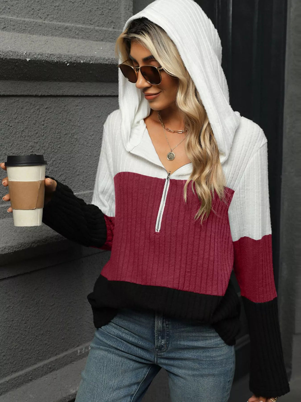 Color Block Half Zip Hooded Top