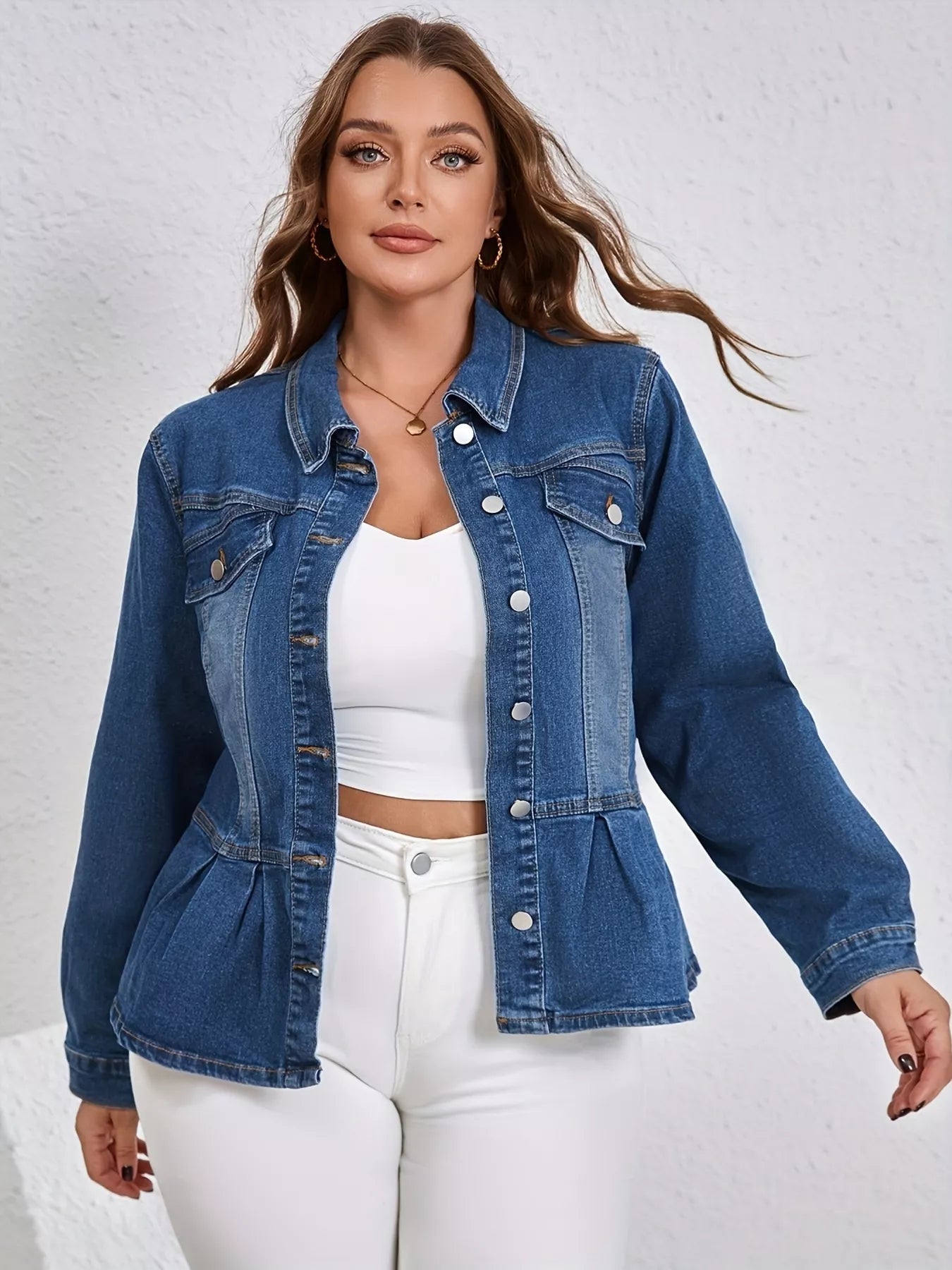 Plus Size Button-Up Peplum Denim Jacket